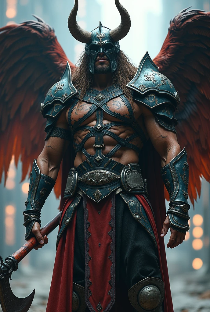 He is an Archangel. He has very long auburn hair that reaches the middle of his back, adorned with a few braids and decorated with feathers. He is extremely tall with a beard and dark brown eyes. He is known as a gentle giant. Wearing a suit