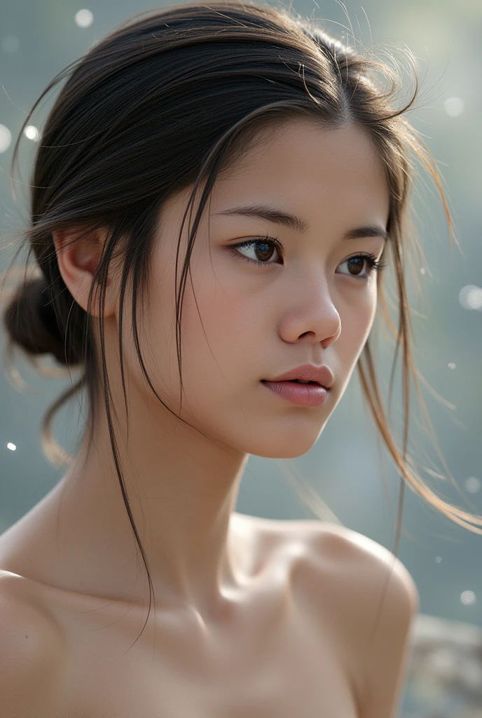 ((Top Quality, 8K, Masterpiece: 1.3)), Sharp Focus: 1.2, (Super Beautiful Face: 1.0), (Slender Abs Beauty: 1.0), (Shiny Skin: 1.0), Realistic Photography, Black Hair, Realistic Pupils, Video Lighting, High Definition Eyes and Face, Video Lighting, (Cowboy Shot: 1.3), (Japanese Cute Actress), in nature, naked, happy, head on