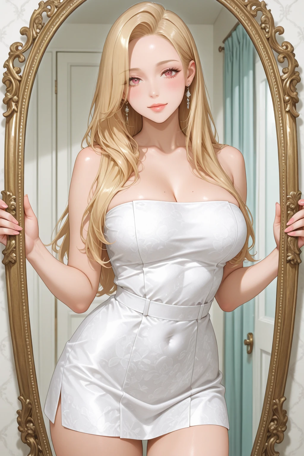 8K, Best Quality, Masterpiece, Ultra High Resolution, (Realism: 1.4), (Realistic Skin Texture: 1.3), 1 Beautiful curvy Woman Urinating, Best Quality, Background brothel, Very Long Blonde Hair, Platinum Tiara, Hairy, blush, pov_doorway,