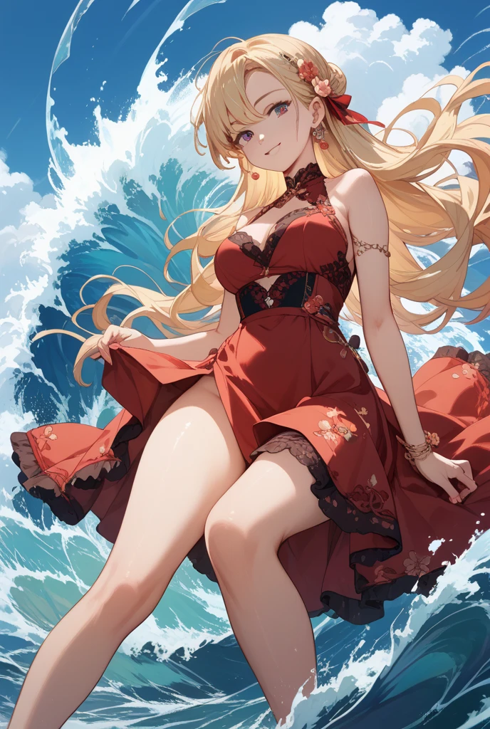 (from below:1.2),(from side:0.9), (Close-Up:0.6), highest quality、(real、photorealistic:1.4)、(RAW photo:1.2)(Curve,Model,glamor:1.5),Beautiful breasts,colour_aberration,beautiful detailed shadow,Beautiful eyes,Beautiful body,Beautiful skin,beautifull hands,(medium_breasts:1.5),1 girl in, (perky chest:1.2), (pointed chest:1.2), dark bronde hair,long hair,side ponytail,hair between eyes,bangs,Purplish brown eyes that dreamers desire, (Blonde hair) , small stature, Colossal tits, Lori, (masutepiece:1.2, Best Quality), (finely detailed beautiful eye: 1.2), (beautifull detailed face), (Best Illumination, extremely delicate and beautiful), ((Cinematic Light)), Dramatic light,Ultra Contrast、Braid a little around the ears, clavicle, red long dress、only has 5 fingers,Her pussy is visible through the see-through white thong、Wet pants、You can see inside your underwear、full of sweat、mocking look、diaper、nffsw,Arms crossed、grab the arm、Shoot from below、The angle is as seen from below.、Best Quality、Large breastuscular pussy:1.2、Pubic hair,high-level image quality、hightquality、8K,perfect hand、5 fingers、finger pin、Perfect Finger、see-through T back、Naked、noise cut、bullet hand、Her hair color should have been a brighter brown,The skirt part is also carefully expressed,brown skirt、the skirt is floating in the wind:1.3、see-through purple panties、Pubic hair majority,(with sparkling eyes and a contagious smile),her thin pubic hair:1.2, looking at viewer 