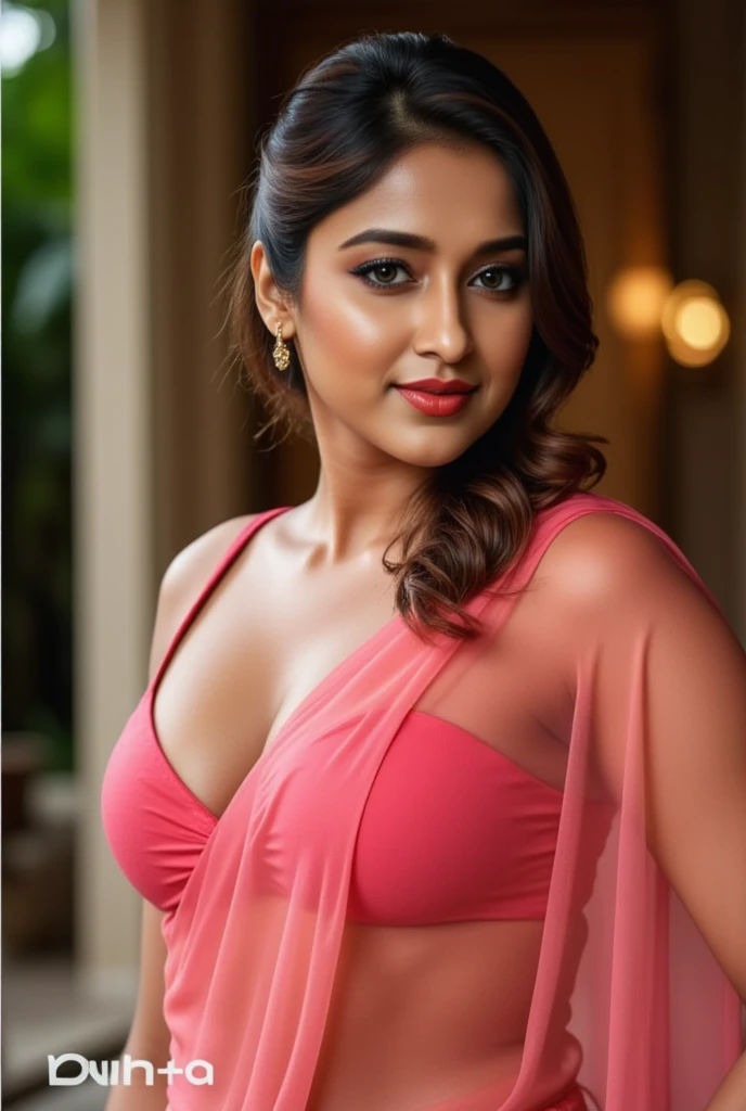 day scene, smile, extreme close up photo of seductive indian model from top view wearing semi yellow crop top with big breast, big cheeks, red Hollywood lips, squatting near shrub in a garden, hourglass figure, armpits, (long loose silky natural reddish black hair on air),(blue eyes:1), ponytail, necklace, 30 yo, look at viewer and smile,forest background (cinematic:1.3), intricate details, (ArtStation:1.2)
