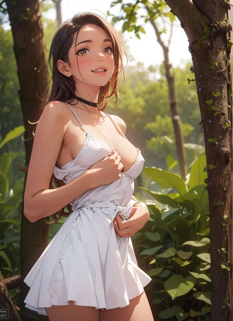 (masterpiece), (highest quality), ultra high resolution, sharp focus, ((1 female, alone)), Upper body, dutch angle, beautiful fine hair, chestnut hair, long hair falls, beautiful detailed face, ((Beautifully shaped eyes, green eyes)), perfect feminine face, look at the audience, smile, Feminine light coordination, In the meadow of lilies flowers, sitting on the ground