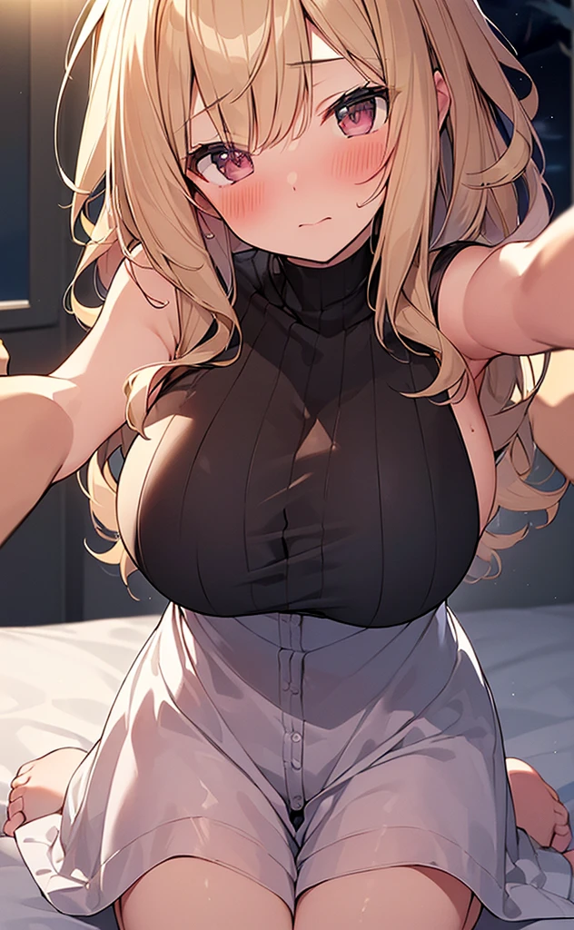 1girl,solo,Mature Women,blonde hair color,long hair,Her hair is tucked back,grey eyes,slanted eyes,double edged eyelid,super huge breasts,slender,black knit long sleeves,Heart-shaped hole in clothing,Steam comes out of the body.,feather shawl,sexual passion,side of face,near,standing up,house,in room