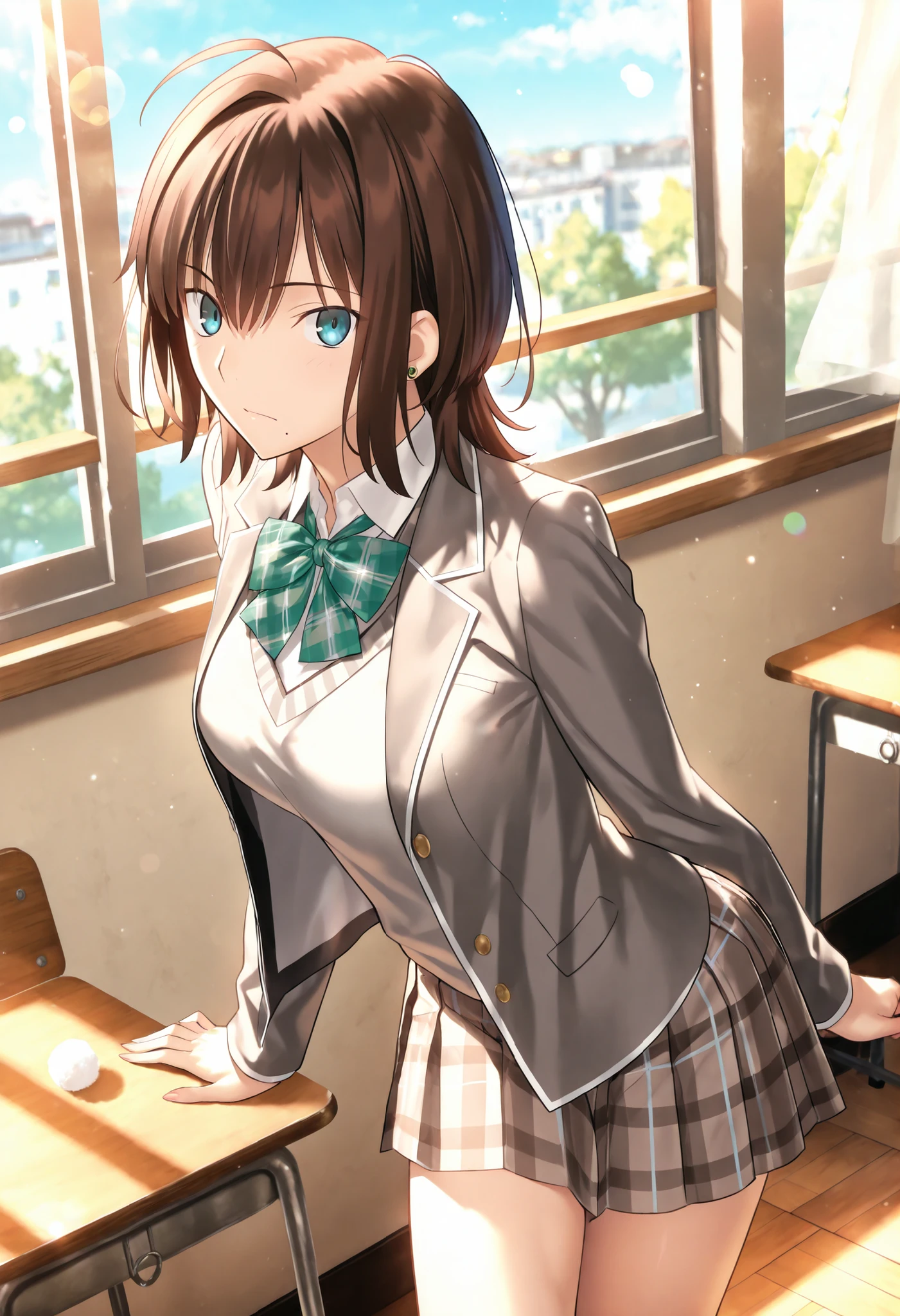 masterpiece, , absurdres, highres, detailed background, high resolution, masterpiece, necessary, detail, best quality, quality, necessary, details, High details, Precise, 8k, indoors,(school, colorful light particles, powder light,),day lens flare, blurry background, from side, from above,
1girl, , koyama hirokazu (type-moon) style, ,Takeuchi Takashi style, (aged up),(blue sky), ,((very long thighs)),
very tall girl, (slender body, slim arms, slim bod), solo, mole under mouth, (earing),
((wolf cut hair)), dark brown hair, medium hair, blue eyes, tsurime, bangs, hair between eyes, ahoge, ,(school uniform ,dark blue open jacket ,gray sweater, white undershirt ,grey brown skirt, pleated skirt, plaid skirt),socks,(medium breasts),(looking at viewer),((green bowtie)) ,, , ,