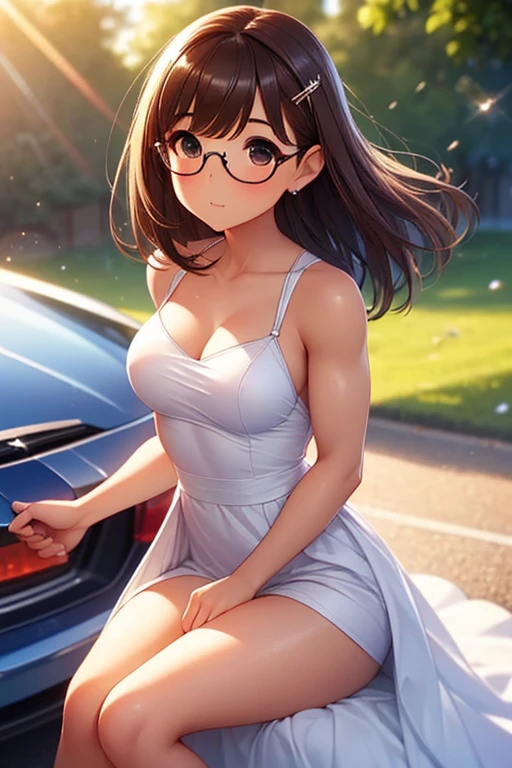 beautiful, (masterpiece), best quality, (extremely detailed face), extremely detailed eyes, perfect lighting, OverallDetail, detailed, deep skin,textured skin,
, <lora:uchiha_sarada-10:0.8> ,uchiha_sarada, glasses, forehead protector, konohagakure symbol,,
<lora:reiNoHimo_v11:0.8> (rei no himo:1.2), white dress, ribbon, off-shoulder, pelvic curtain, thighhighs, thighhighs pull,vehicle interior,upset,fishtail braid