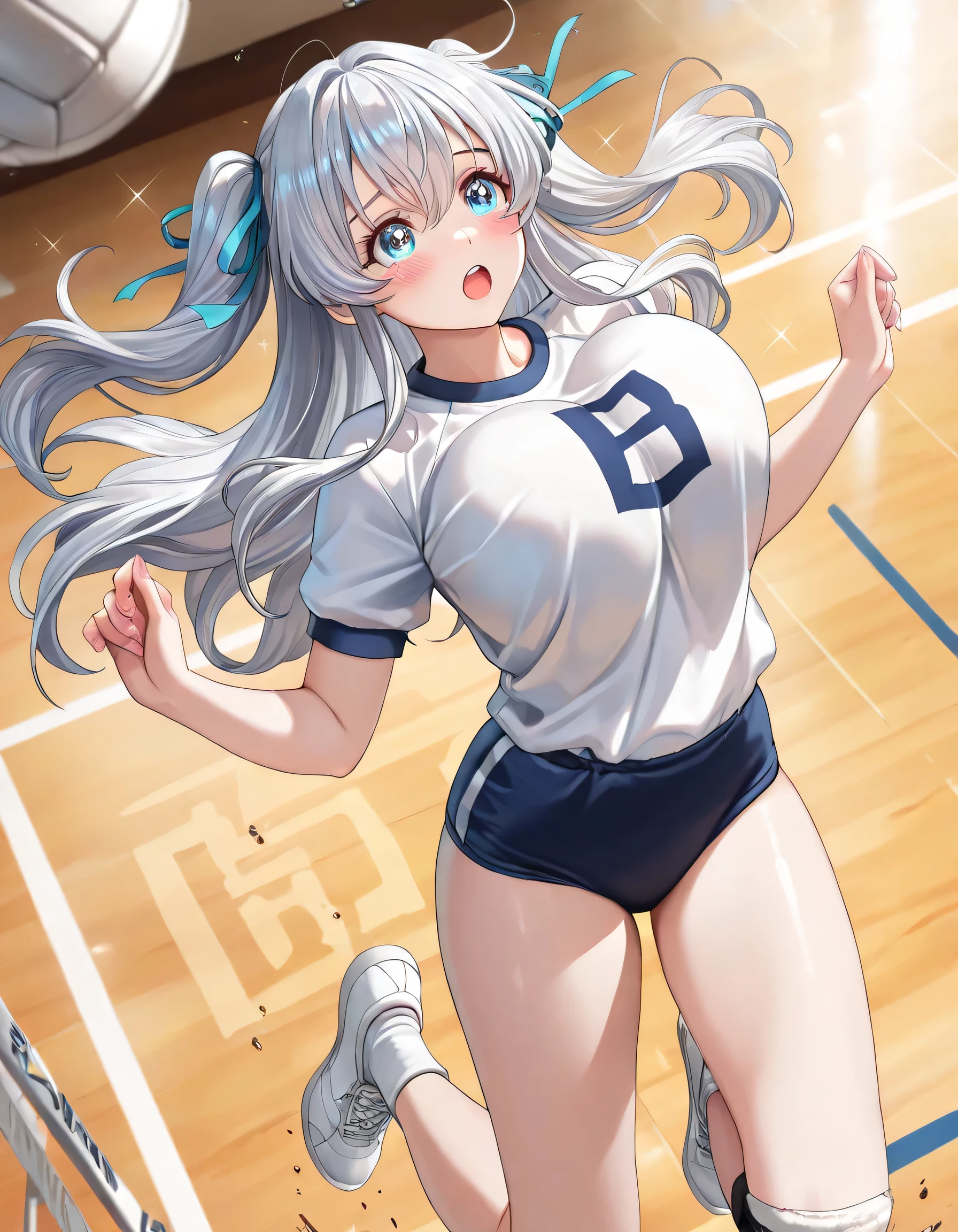 Volleyball girl, flashing tits, big boobs, wearing volleyball attire, smiling, white hair, blue eyes, flashing boobs, blushing, expressive eyes, ponytail hair, lifting up shirt revealing tits, flashing tits, flashing , visible , visible nipples, lifting shirt smiling seductively, blushing, lifting shirt, visible nipples, full body posture, full body showing, , really big breasts, lifting shirt, lifting shirt