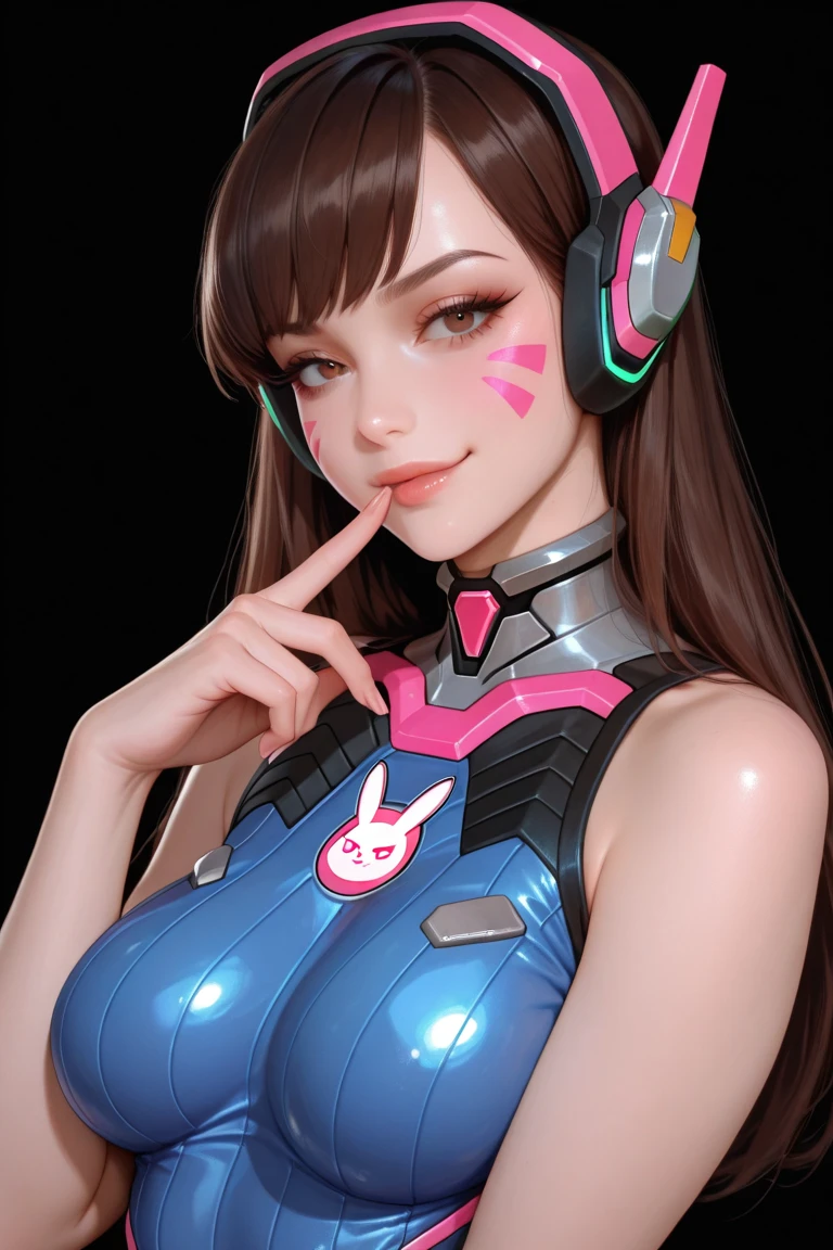 ((masterpiece)), Dva, Overwatch Dva, Dva headgear, Dva facepaint, brown hair, messy hair, heart-shaped pupils, amber eyes, seductive smile, cinematic lighting, sparkle, ray tracing, backlighting, drop shadow, pov, blurry foreground, from above, UHD, 4K, best quality, latex leggings, (((focus on lips))), ((face shot)), (((sparkly lips)))