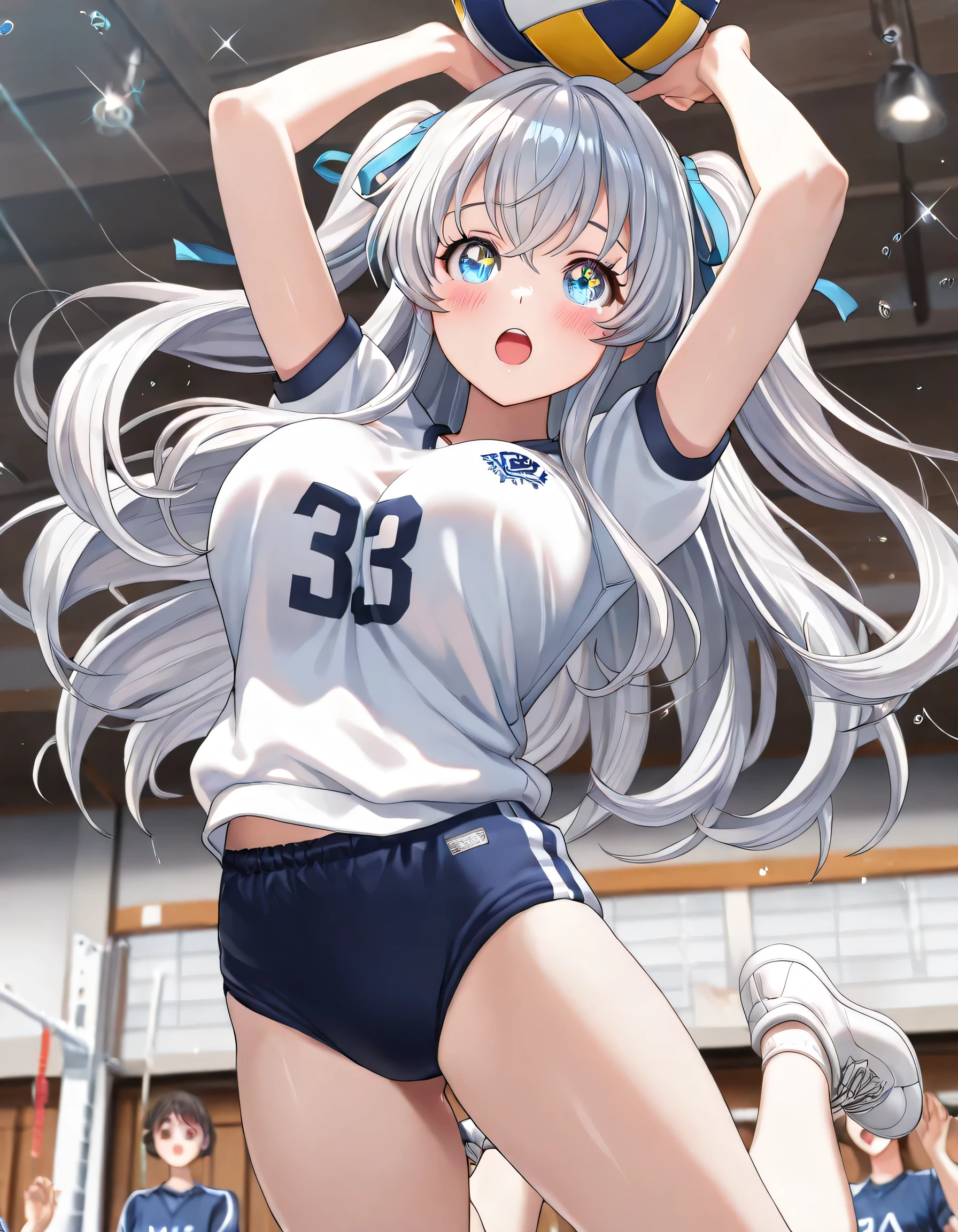((ultra-detailed)), (highly detailed CG illustration), (best quality:1.2), ultra-highly detailed, colorful composition, artistic photoshoot, 1girl, solo focus, thigh to top, cowboy shot, moe anime character, girl, dainty facial structure, baby face, round face, rounded chin:1.2, Short height, lora:volleyball-spike-ponyxl-lora-nochekaiser:1, celia-default, celia claire, blue eyes, sparkle eyes, long silver hair:1.2, two side up, hair ribbon with blue, ample breasts, blue school gym buruma, serious:1.2, blush:1.3, (Volleyball spikes:1.4), balls, (jumping:1.6), junp high:1.3, floating:1.4, object, volleyball, volleyball net, raise your arms:1.3, look up, from behind:1.3, dynamic pose:1.6, contrapposto pose, flowing hair:1.2, best quality, expecting, pink cheek, blush, light pink gloss slip, portrait, depth of field, soft lighting, sidelighting, shine, lighting, caustics, ray tracing, perfect face, lustrous skin, highly detailed face, highly detailed eyes, perfect face, perfect nose, perfect hair, perfect eyes, perfect anatomy, beautiful hair, beautiful small face, extremely detailed face, beautiful detailed eyes, beautiful clavicle, beautiful body, beautiful huge breasts, leavage, breasts squeezed together, equalize the size of the left and right breasts, beautiful thin thighs, beautiful legs, beautiful fingers, 4 fingers, 1 thumb, lovely, (very detailed background:1.0), (highly detailed background:1.0), summer aesthetic, intricate details, shy atmosphere, summer colors palette, chromatic aberration