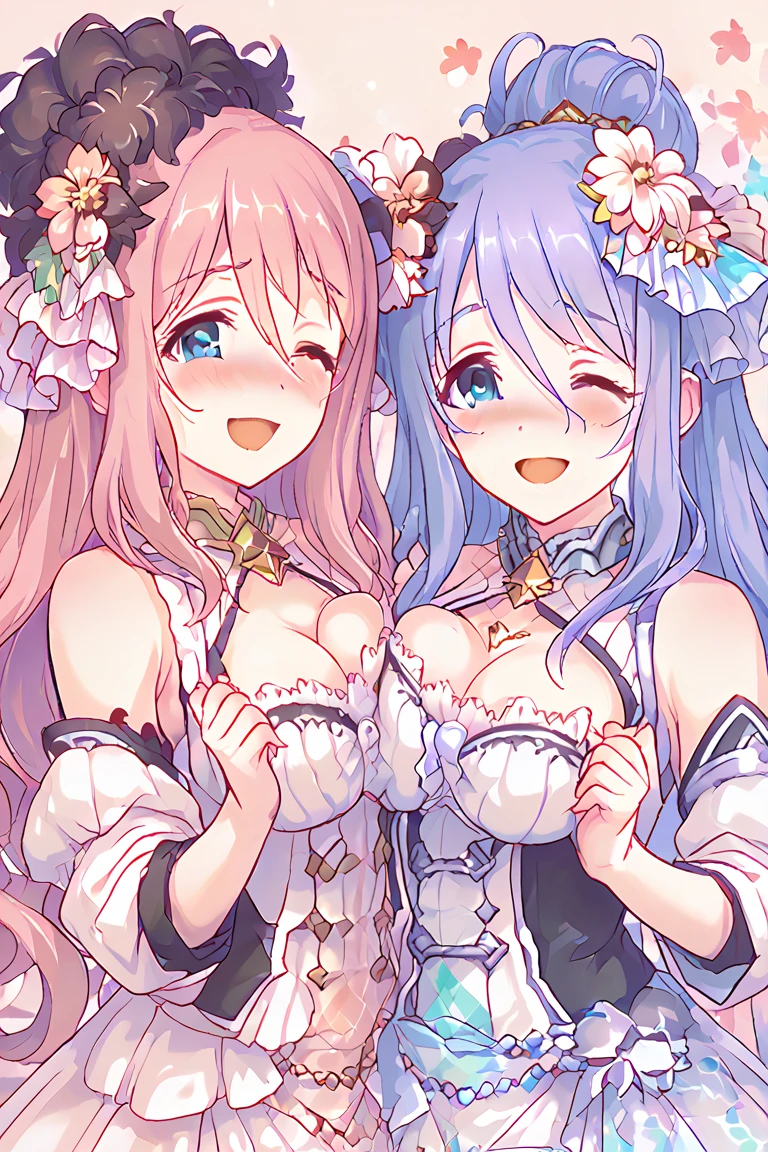 (Masterpiece, best quality),Two princesses with perfect details. Birds sing and flowers fragrant on the mountain.. One woman with long, straight silver hair and purple eyes.., แสงอันอบอุ่นของผู้หญิงผมสีบลอนด์ยาวและดวงตาpink,Silver-haired woman with side-swept bangs ,ผู้หญิงผมบลอนด์มีหน้าม้าแสกกลาง ผู้หญิงผมบลอนด์สวมชุดโลลิต้าpinkดอกซากุระ,There are crystal bows and chains on the clothes.. Silver-haired woman wearing a lavender lolita dress.,They all wore delicate flower crowns.. The blonde woman has mostly butterfly elements on her body.. The white-haired woman had mostly floral elements on her body.. The foreground was blurry.. They are holding hands.. Bright and bright background full of flowers., Doll covers and Edwardian covers,big breasts,Show your breasts,The cracks are clear...,((big tits)),(pubic bone), rift, visible chest, ((bare breast:1.37)), I see bulging nipples.,(((large areolae:1.4,pink,The nipples are clearly visible.....))),