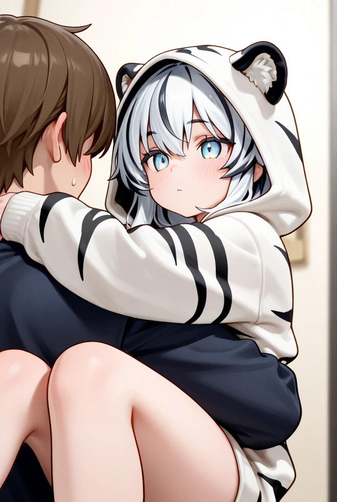 girl,hoodie,On the bed,Excited,Heterochromia Red Eyes Blue Eyes,Flat Chest,Cat ear,Feline tail,boy,play sex