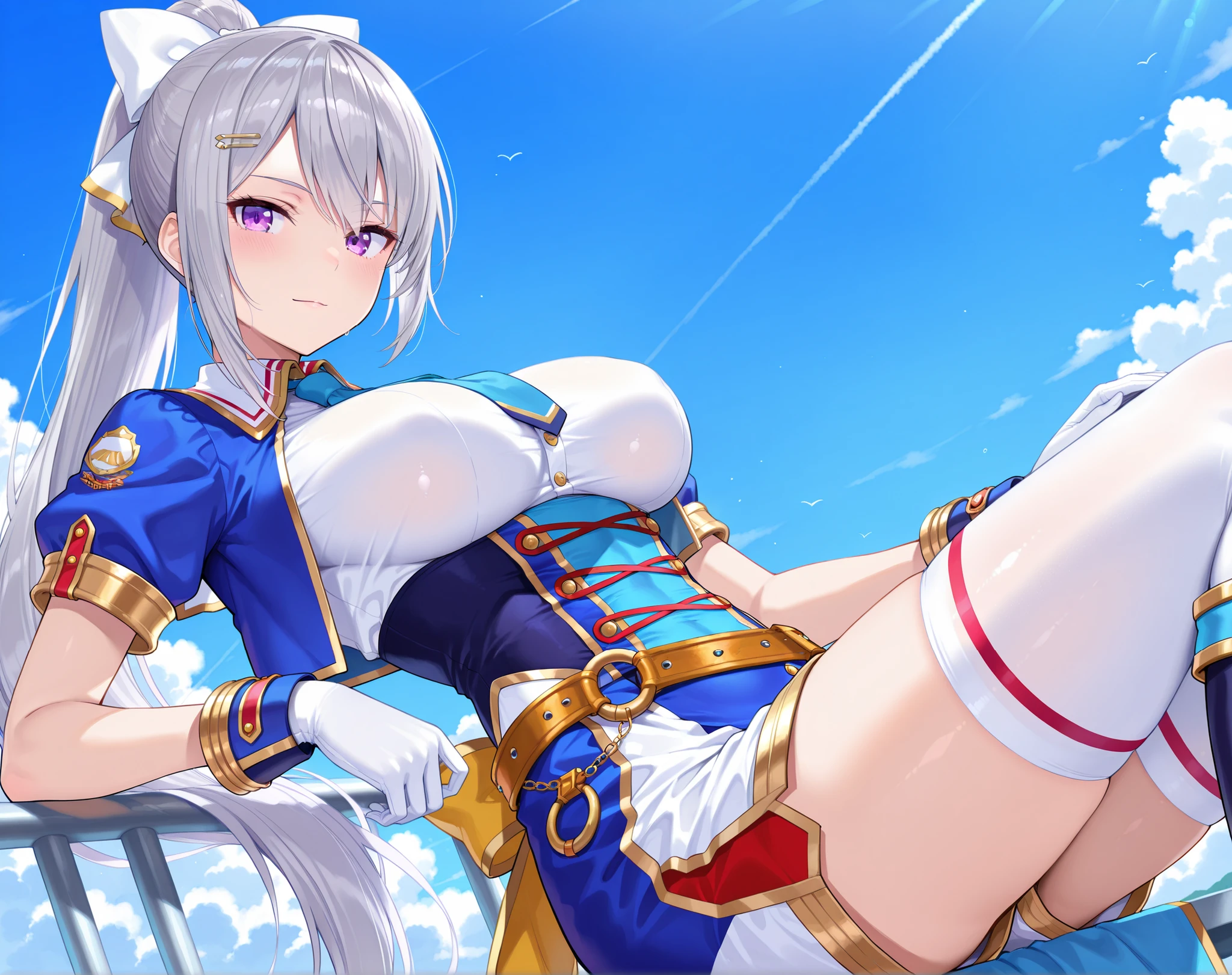 solo,masterpiece,best quality, amazing quality, highres, absurdres, very aesthetic, high resolution, ultra detailed, perfect details,nijikaede,purple eye,grey hair,long eyelashes,long hair,ponytail,white bow,hair pin, glorious azure,official alternate costume,open clothes,open jacket,wing collar,blue jacket,cropped jacket,puffy short sleeves,blue short necktie,white shirt,underbust,buttons,double-breasted,white gloves,gold trim,back yellow bow,belt,horsehoe ornament,red bow,high-waist blue skirt,white shorts,zettai ryouiki,white thighhighs under knee boots,high heel boots,white footwear,,,tsurime,medium breasts,look at viewer,mature female, (masterpiece, detailed:1.2),breast focus、impossible clothes