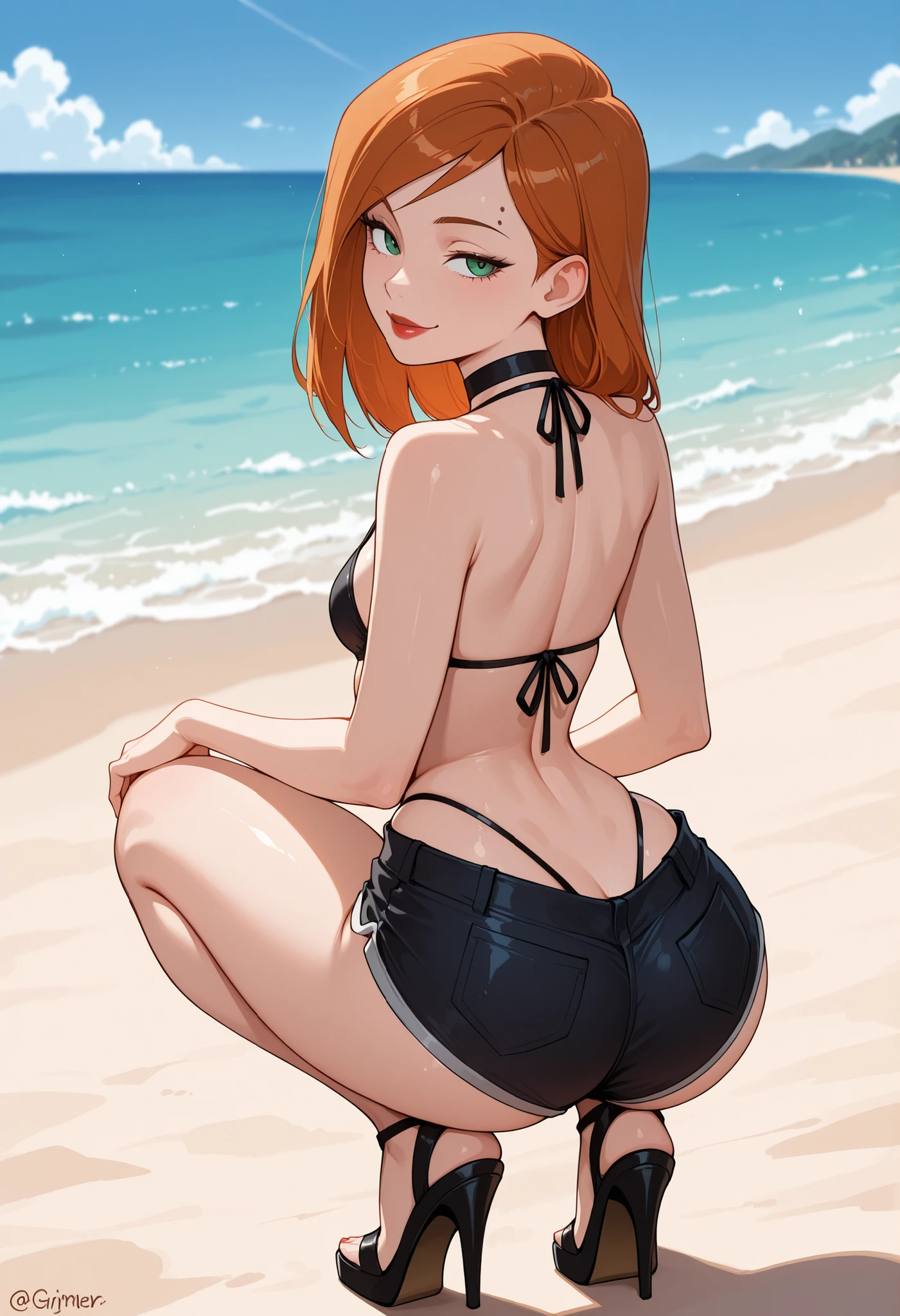 A Princess、Open your crotch、Shyness、embarrassed from、panties small、sprawl、a blond、Clear liquid leaks out of the crotch、 animesque、from the rear、all-fours、perfect buttocks、The bikini、sea side、View here