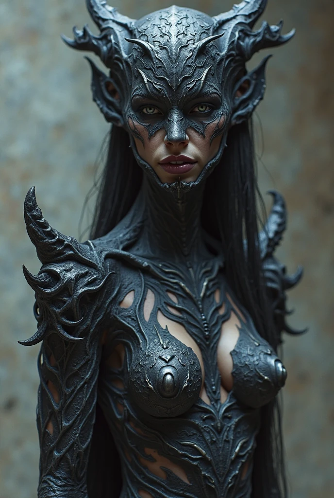 01_Black light. The epic character of alien origin. (1 creature). (Close-up). (Full growth). (The atmosphere of the movie “Alien”). Bionic forms, a creature with anthropomorphic characteristics that resembles a girl. A very beautiful creature, walking on two legs, similar to a predator (entomological characteristics of insects). A very beautiful elongated head, alien in shape, (hairstyle - thick dreadlocks, fetish in hair- teeth, shamanic amulets). Very beautiful - exotic face, slanted eyes, wide cheekbones, sensual lips, slightly open mouth, white - neat teeth, small fangs. General style – Alien woman; (film of the same name). A half-naked body with dark - black skin, a wide neckline, and small - beautiful breasts, the body is covered with an exoskeleton, scars, hard black scales, the texture of the exoskeleton with artificial material (stone plastic and bionics, ground, polished, smooth, bas-relief, bionics, cyberpunk – they decorate protective plates on a very beautiful body, shoulders, knees, arms). The anatomy of an alien creature with pronounced sexual forms, an elegant physique, small breasts in a wide neckline, a muscular system, smooth dark skin, covered with armor - an exoskeleton. The armor is decorated with scars - notches, relic bas-reliefs of alien meaning - the skulls of victims. Blacklight penetrates the forms from within. The whole picture embodies the black theme, black glow, antimatter, space - like symbol of black infinity. 02_Highest quality. Masterpiece. Cinematic image. 3D visualization. The scene was recreated using Unreal Engine. The highest quality, details, textures, materials, and clear forms (smooth bionic, synthetic material, artificial stone, plastic, metal). Black radiance from the depths of forms, an alien ship, an alien civilization, alien worlds. One creature. Frontal camera view, perspective, with watery ceilings, deep grotto, and membrane floor.