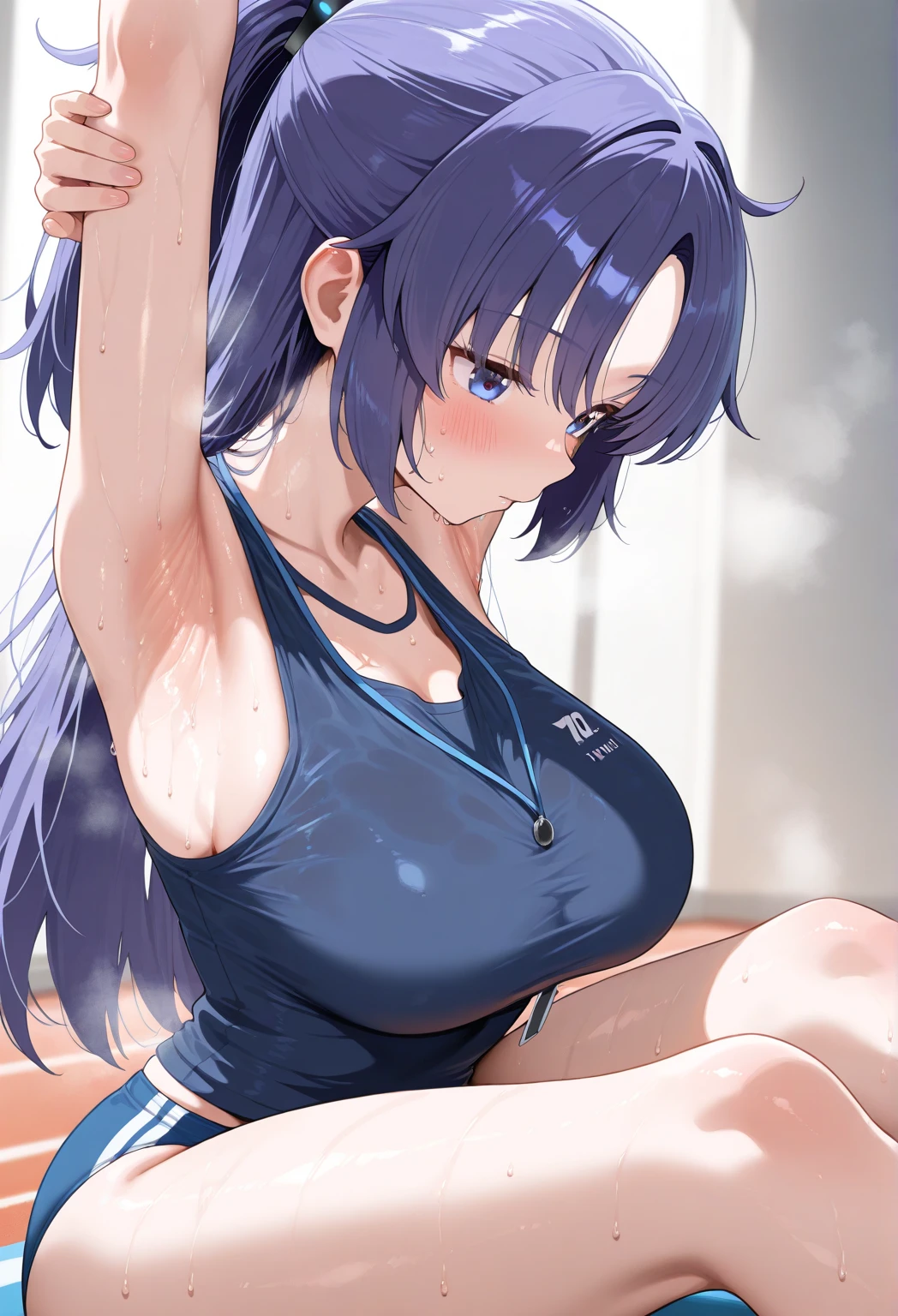 alternate costume, gym uniform, jacket, ponytail, purple hair, bangs, blue eyes, shirt, (big breasts:1.4),short sleeves, sweat, open clothes, black shirt, halo, blue jacket,off shoulder, star \(symbol\), open jacket, track jacket, buruma, id card,sticker on face, yuuka \(blue archive\),yuukaG