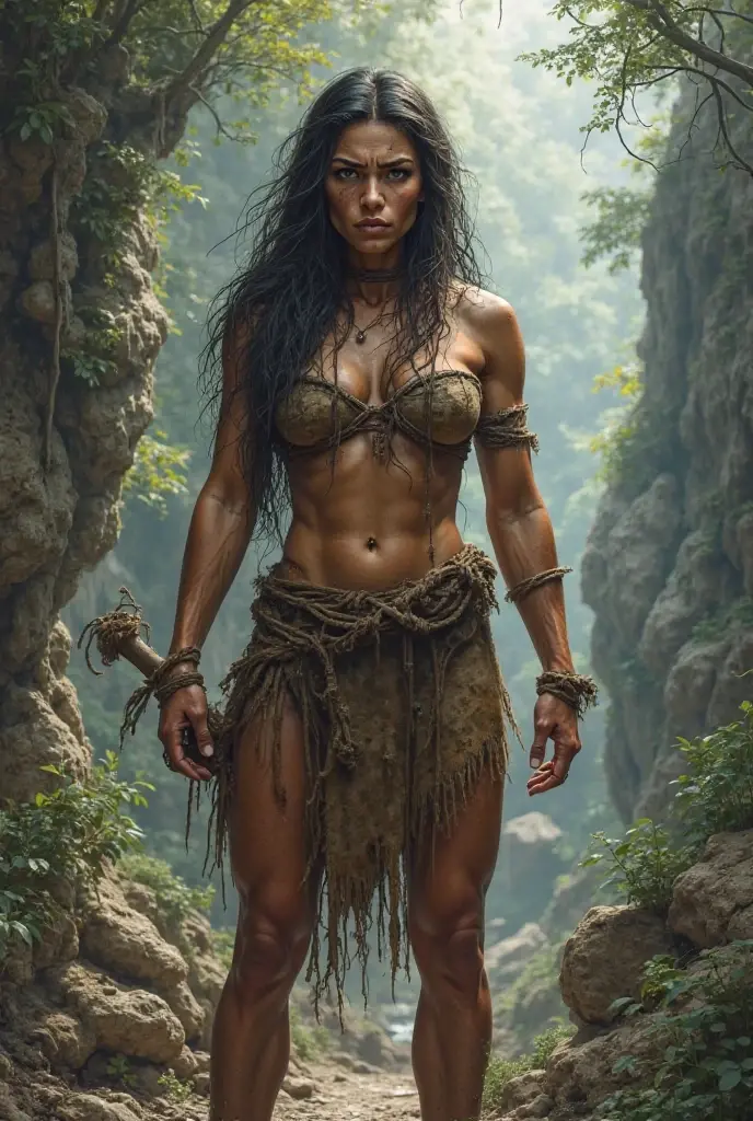 Cavewoman without bikini in the jungle