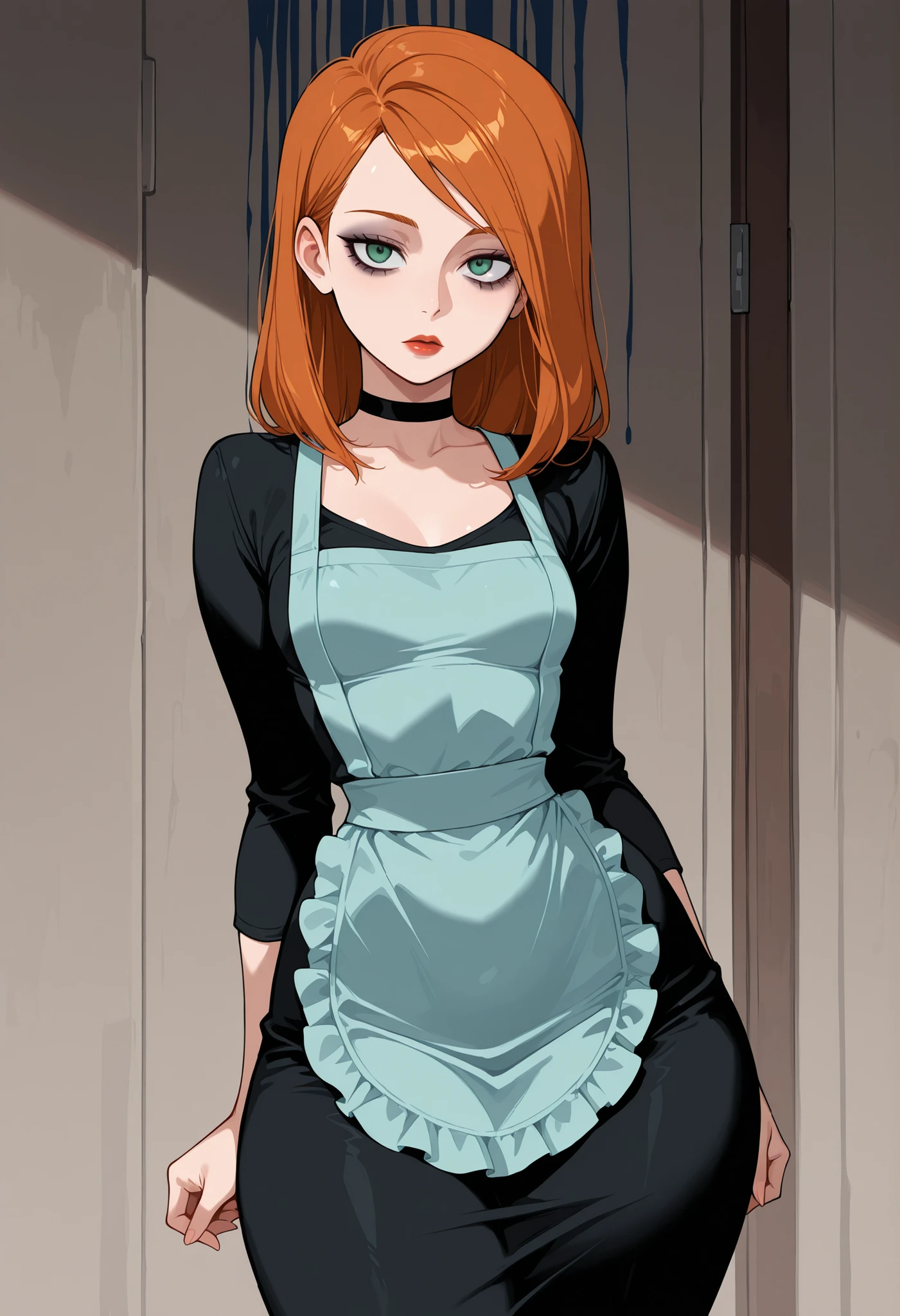 Kim Possible. ginger. medium hair. choker. green eyes. red lips. athletic body, narrow waist, small breasts, huge hips.| masterpiece, best quality, absurdres, 1girl,), solo, eyeliner, bags under eyes, black dress, apron, expressionless, gloom,
