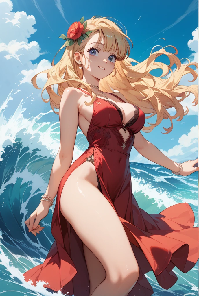 NSFW, ((Tube Top:1.2, Extremely detailed red dress:1.2, ultra detailed thight dress:1.2)), (idolmaster:1.2), ohana-san, (Sagging big tits:1.3), extremely blue eyes:1.2), (Very beautiful layer cut hair:1.3, Raising hair on the neckline:1.1, Very beautiful blonde hair:1.2), ((masterpiece:1.2 Top Quality:1.2, 8K, Professional animation:1.2, 2D:1.2)), ((Smooth glowing white skin:1.2), (Wet body), (Best proportions), (Best proportions:1.2), (Footboard beauty:1.2), (beach ocean view:1.2), (FULL ANATOMY:1.3), (cowboy shot:1.2, close to face:1.3, from above POV), (Facial Lights:1.2), (Sun bath:1.2)