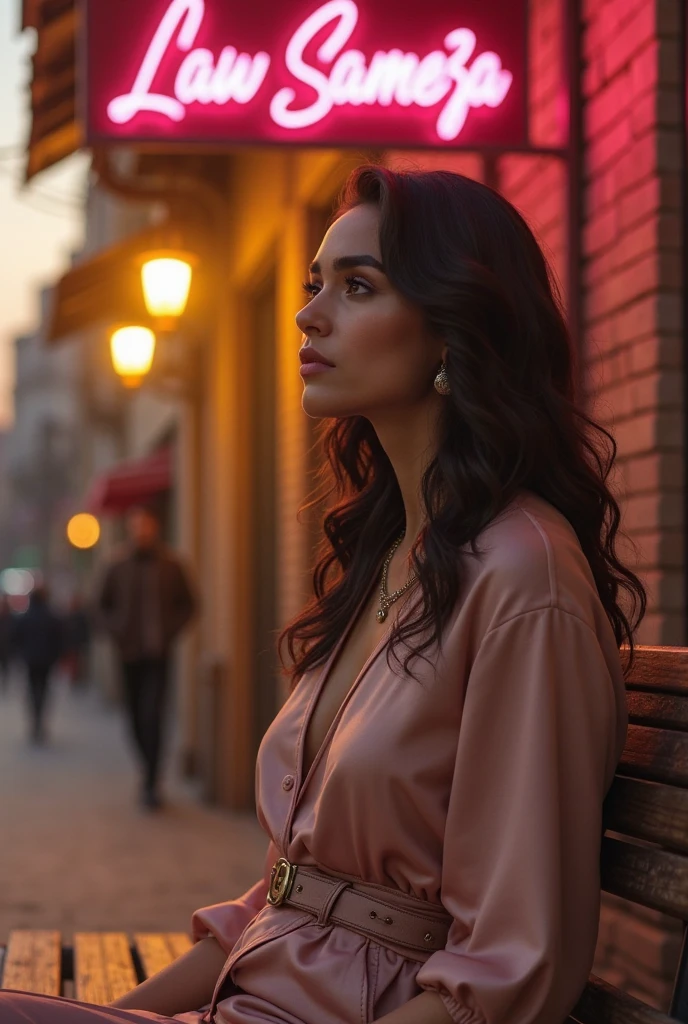 Foto RAW em sequencia, uma foto de uma mulher 35anos, perfect hands, rosto detalhado, planos de fundo detalhados pouco desfocados, luzes naturais, HDR, foto realista, foto profissional, flerte com o espectador, visual ????, fotorrealista, corpo inteiro, Linda, pele natural, 8k UHD, alta qualidade, filmic grain, Fujifilm XT3, roupa da moda italiana, Milan Street, noite, pessoas ao fundo