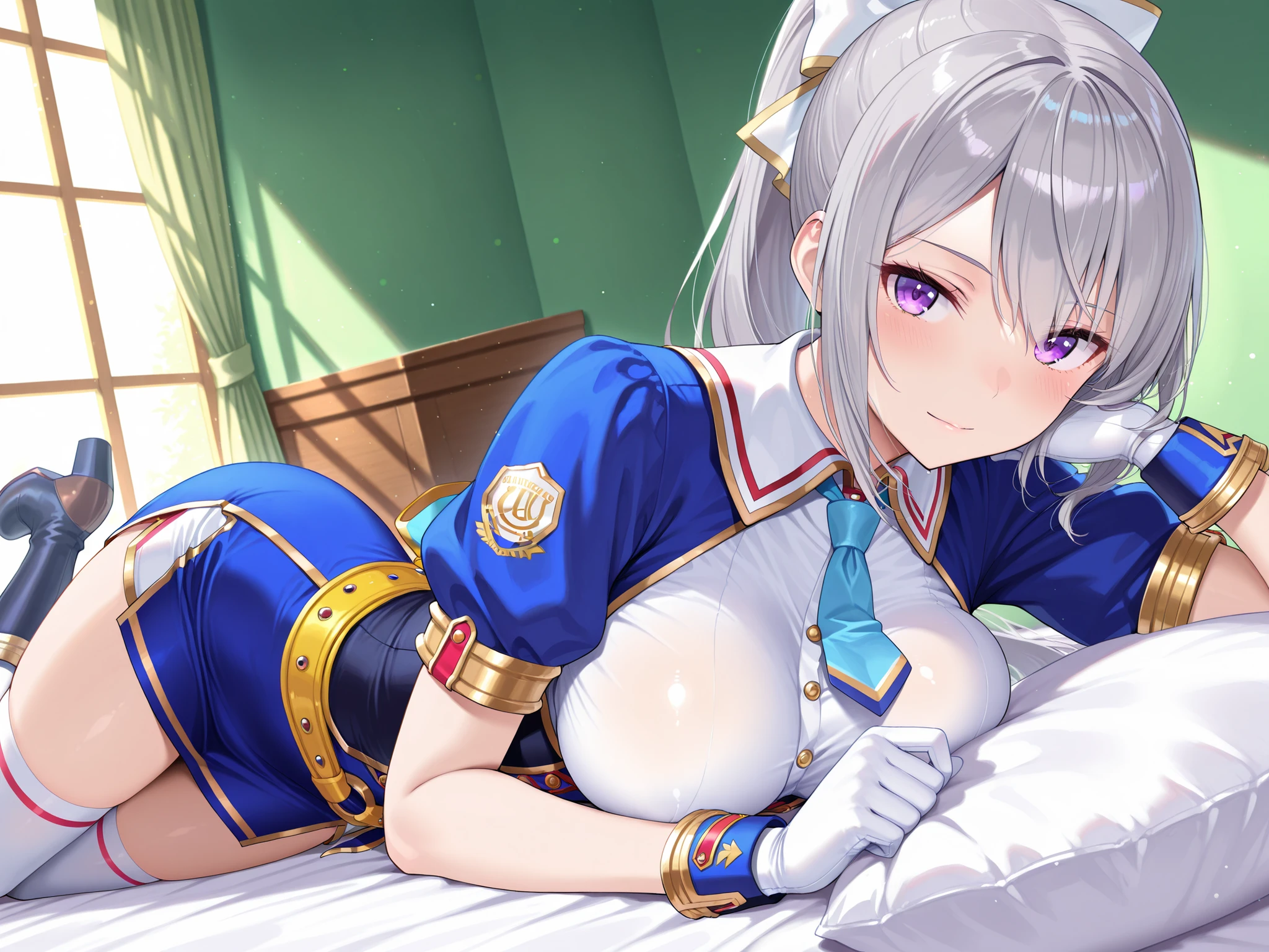 solo,masterpiece,best quality, amazing quality, highres, absurdres, very aesthetic, high resolution, ultra detailed, perfect details,nijikaede,purple eye,grey hair,long eyelashes,long hair,ponytail,white bow,hair pin, glorious azure,official alternate costume,open clothes,open jacket,wing collar,blue jacket,cropped jacket,puffy short sleeves,blue short necktie,white shirt,underbust,buttons,double-breasted,white gloves,gold trim,back yellow bow,belt,horsehoe ornament,red bow,high-waist blue skirt,white shorts,zettai ryouiki,white thighhighs under knee boots,high heel boots,white footwear,,,tsurime,medium breasts,look at viewer,mature female, (masterpiece, detailed:1.2),breast focus、impossible clothes