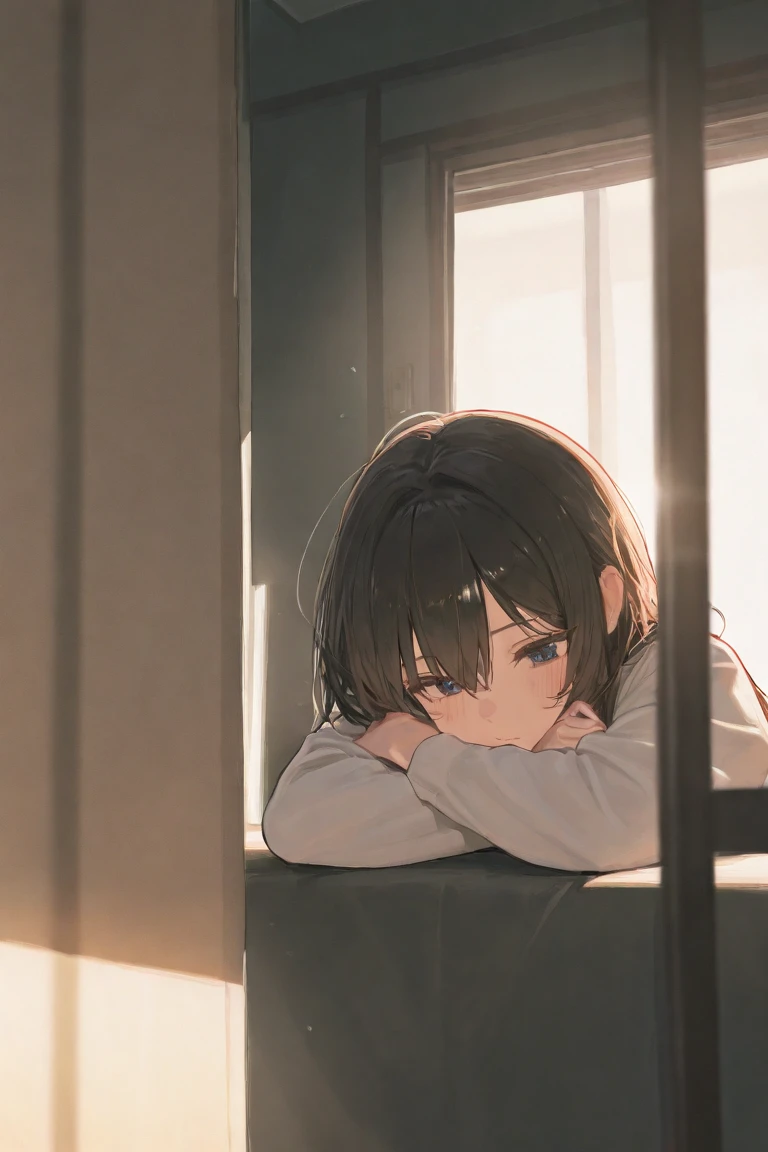 Brown Hair, Curly hair, ショートパンツ, サスペンダー, I have an injured knee, boy, Short Hair, Short Hair, Holding his knees, Bleeding from the knees, Very short hair, Elementary school boy, Inside the room, injury, tearing up, ear blush, endured face, short hair, chiaroscuro, Surrealism, cinematic lighting, UHD, high details, best quality, highres, 16k