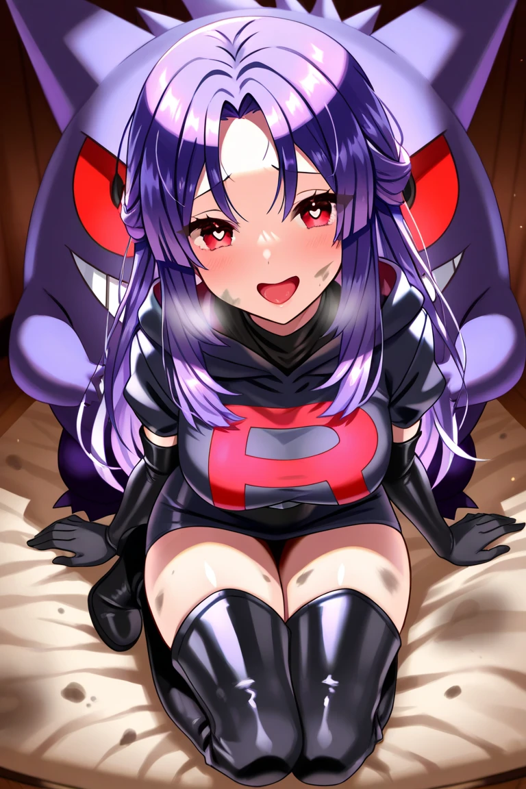 1 girl, dark purple hair, long hair, (big lips), dark purple eyes, huge breasts, blush, blush on nose, open abdomen, focused portrait, on her back, naked, without clothes, spreading her buttocks with her hands, full body, with fishnet stockings