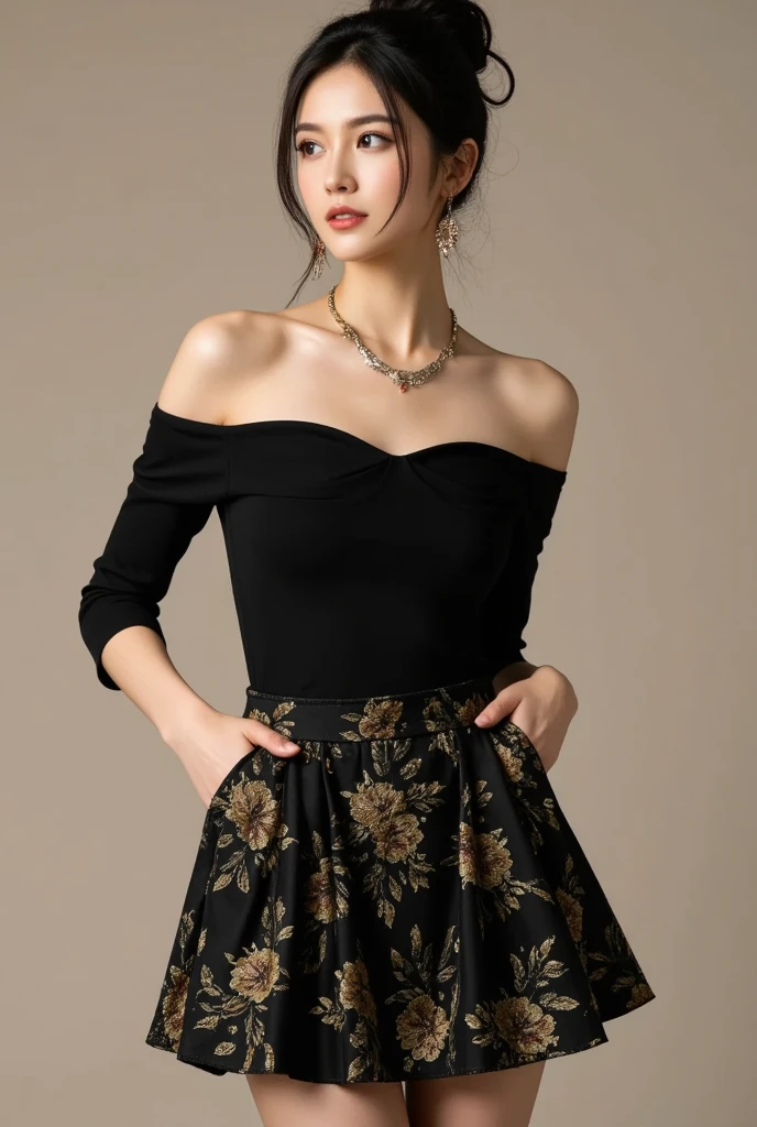 (8k,Ultra-high resolution,Highest quality,masterpiece,Realistic,Ultra-high resolution,High-quality RAW color photos,Professional photos,Realistic,Realistic),Natural skin texture,Fine skin,Hyperrealism,Intricate details,Adult women,Eye highlights.Lip gloss,Glossy Lips,(Cute smile,Semi-long hair,Dark blonde hair,bangs),((gigantic breast,Big Breasts,on side)),necklace,((white sheer peplum blouse,black floral flare skirt),High heels),Walking through a shopping mall,(walking)