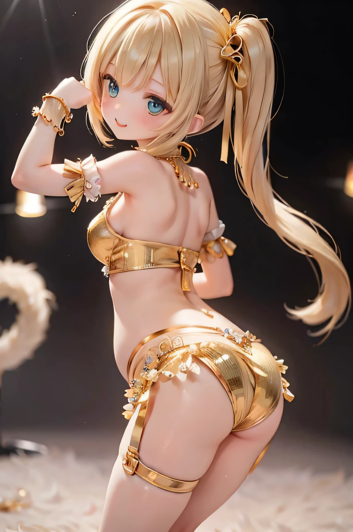 ((highest quality)), ((masterpiece)), (extremely detailed), kukolnydom, doll, mature woman, solo, smile, open mouth, cowboy shot, golden bikini, poolside, 8k