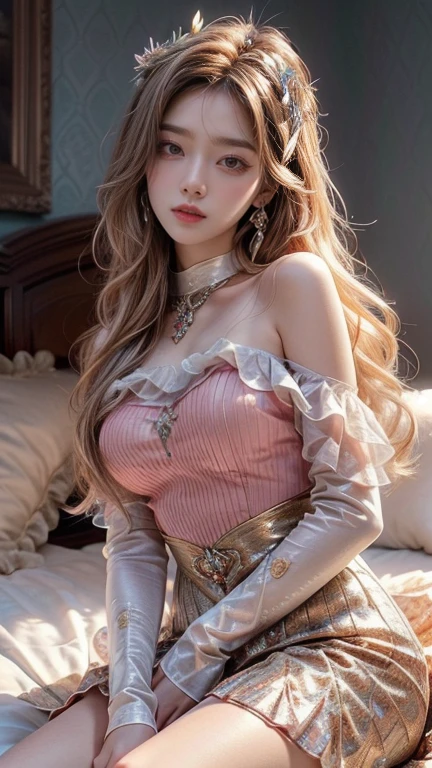 1 girl 20 years old, 1 goddess Athena, pink and purple silk dress with cleavage, beautiful goddess Athena face without blemish, thin cleavage silk nightgown with many colors, long thin women's nightgown with many sexy black lace details, goddess legend, goddess symbol, beautiful goddess style glitter, dark and mysterious version, small crown, well-proportioned, beautiful lips, delicate red lips, 1.9 detailed and beautiful lips ), holy body, super tight and round breasts, phoenix brooch, long bangs, (7 colors of hair rainbow: 1.9), clear beautiful face and well-proportioned eyes, (transparent yellow eyes: 1.8), (big round eyes and meticulous makeup, very beautiful and discreet makeup, very pretty blonde hair, light makeup, long blonde hair, makeup 1.8): the sky's droopy and vivid, the picture is real and fictional space: 1.8), fictional art, RAW photos, hanfu photos, best photos, high resolution, best quality, best photos, surreal portraits, surreal female photos, 8k quality, most beautiful saint portraits, single female jewelry, beautiful color masterpiece, upper body, tyndall effect, real photos, dark studio, border lights, (dalk 8 color pink detail: high resolution, soft light, high quality, h, Smooth and sharp, 10x pixelation, sexy goddess , sexy goddess: 1.8), (beautiful eyeshadow background: 1.8), (gap eyes, background light: 1.8), (gap eyes, soft background: 1.8), (best gaping eyes, perfect eyes, pretty girl solo: 1.8), (flowers: 1.8)