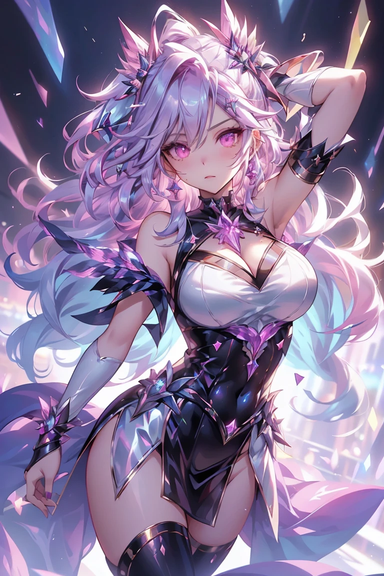 best quality,masterpiece,final resolution,soft,extremely colorful,Colorful, Lolita long dress, white,Muffin shoes, Detailed face, 4K, Y2K Costume, Purple double ponytail, huge , , Idol, Masterpiece of the Eye, long eyelashes, juicy lips, There are bright spots in the eyes, elf ears, tattoo, ((red eyes))