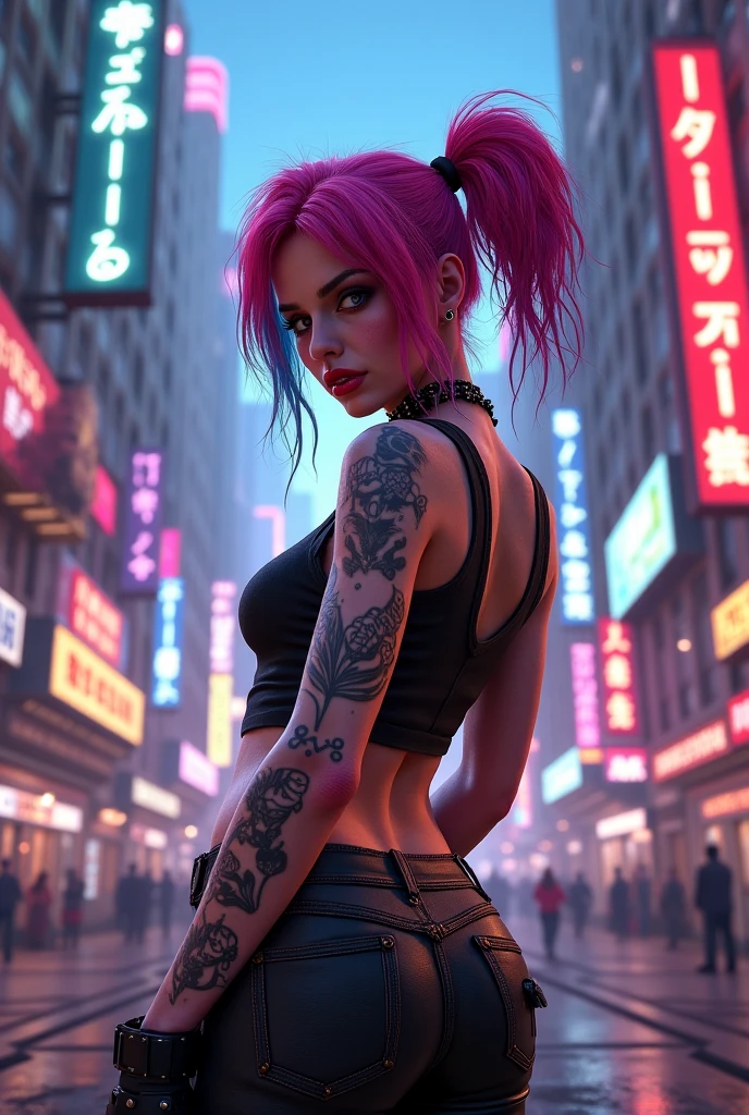 SCORE_9, SCORE_8_UP, SCORE_7_UP, SCORE_6_UP, MASTERPIECE, BEST QUALITY, HIGH QUALITY, HIGHRES, ABSURDRES, PERFECT COMPOSITION, INTRICATE DETAILS, ULTRA-DETAILED, PERFECT FACE, PERFECT EYES, NEWEST, nsfw,1girl, solo, super slutty girl, erotic, cyberpunk, looking_at_viewer, blurry, ponytail, long_hair, undercut, blurry_background, tattoo, neon_lights, earrings, jewelry, night, pink_eyes, large breasts, from_side, multicolored_hair, oversize crop top, underboobs, thick hips, round peachy butt, purple_hair, outdoors, stud_earrings, depth_of_field, ear_piercing, bandaid_on_face, looking_back, bandaid, half-closed_eyes, forehead_mark, building, glowneon, cyborg