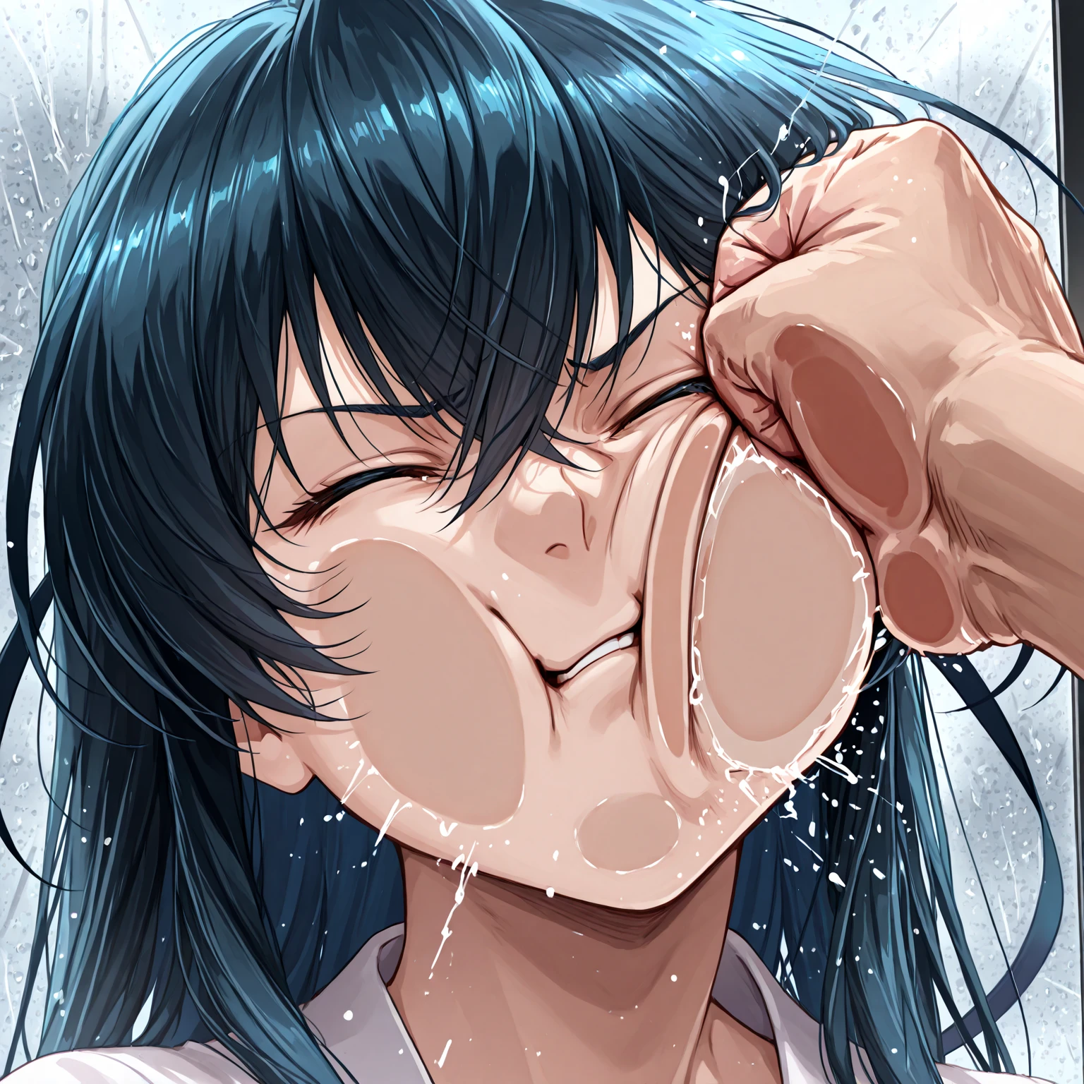 ((score_9,score_8_up,score_7_up, high resolution,ultra detailed,absolutely resolution)),1 erotic Married womanl,Blue hair,low ponytail,micro bikini,erection of nipple,collar,(multiple penis+ejaculation:1.5),(open mouth+out tongue:1.2),(excessive bukkake+excessive cum+cum in mouth+cum in hair+cum facial+cum on body:1.2),(ahegao+double peace:2),from above,upper body,looking at viewer,Restroom
