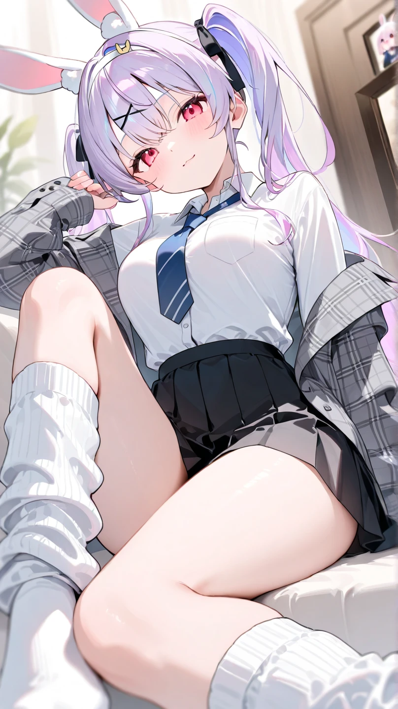 (8K、Best image quality、Highest quality、masterpiece)、Detailed face、1 Girl、Dark silver hair、Bobcut、Pink inner hair、Pink Eyes、Earrings、Wicked Smile、Moderate bust、White shirt、Long sleeve、((Removed buttons))、Cleavage、Black pleated skirt、((White and black striped panties))、White socks、loafers、Sitting, Raise your knees、avert your eyes、Shooting from above、Back Alley Background、