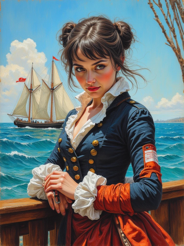 <lora:Walt_Otto_Style:0.6> portrait of an attractive female pirate, wearing a pirate hat, on a ship, painting by waltotto