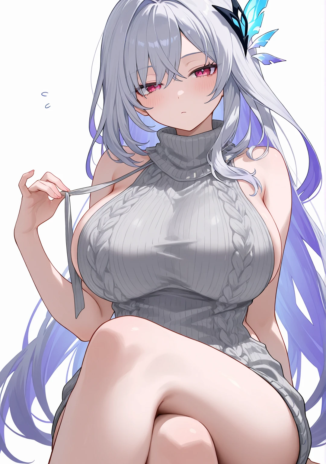 Woman, big breasts, blue head, blue eyes, transparent sweater, small chin, showing cleavage, sexy pose, cross leg, cute necklace, braided front,