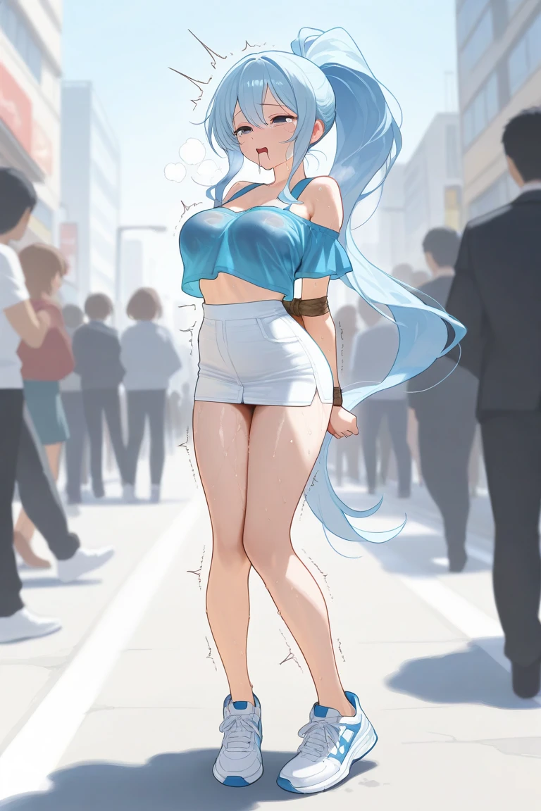 (masterpiece, highest quality, Very detailed, 16k high definition anime, Anatomically perfect body)、(hayami)、 1girl、One girl、Perfect Face、Cute face、Beautiful Face、smile、Beautifully detailed eyes、A little droopy、blue eyes、(Blue Hair、Long Hair、Waved)、(Medium Breast:1.5)、(Sailor suit、Pink), (Red Skirt), Smooth body lines、Wide hips:1.0、Big Ass:1.0、Beautiful long legs、(running、With big strides)、I'm wearing white panties、View your viewers、(Cherry blossom park background、Cherry tree、SakuraFubuki )、Above-the-knee photos、