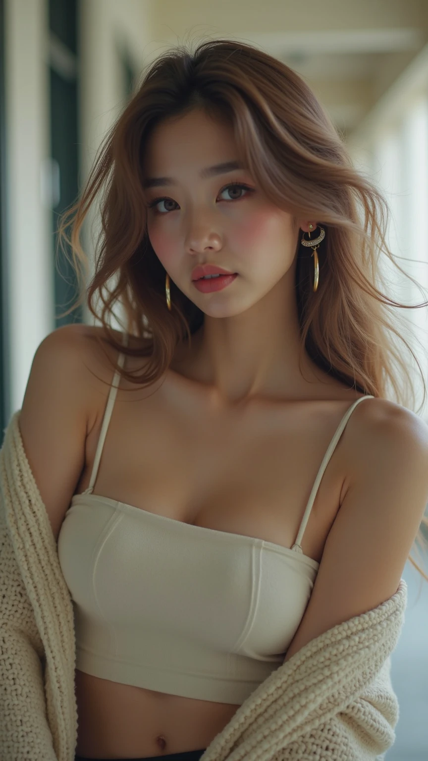 8K, high-level image quality, Ulutra HD, beste-Qualit, Master masterpiece, The ultra-Highres, Hphotorealistic, 1girl in, off shoulders, A smile、(a blond:1.6)、(tanned skin to brown)、Dark makeup、gals、Heavy makeup、Burst breasts、bbw、Muchimuchi、Glowing skin、(red hairs:1.4)、(bbw:1.5)、Fat body、People with Japan々、25-years old、(Muchimuchi:1.7)、Tight face、Muchimuchi's body、Sexy face、Dark makeup、(fullllbody:1.3)、Glossy skin、(Camisole:1.4)、beautiful foot、Brown skin color