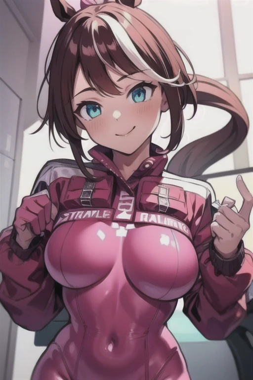 1girl, solo, my hero academia hero suit , bangs,happy,posing, multicolored hair, (masterpiece:1.2), highres, best quality, 8k, rainy city background, pink hero suit, white gloves, super hero tight suit, star-shaped pupils in left eye, blonde hair, long hair, pink eyes, blonde, bangs, posing, multicolored hair, serious