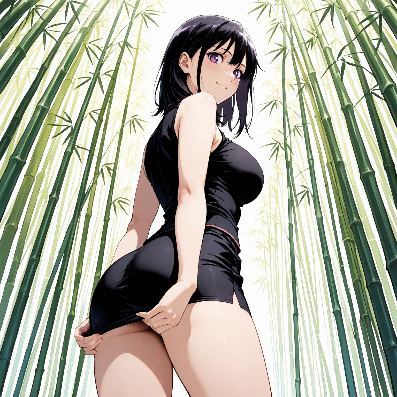 Masterpiece, stunning realistic, best quality, sharpness, 1 girl,closeup, onlyupperbody, (arms behind head:1.2) Black hair,purple eyes,ir,bobcut,red eyes,standing in a garden,sexy body,curvy body,huge breasts,whitout clothes,leggings ,studio Ghibli style Lora,Legs squat and wide open Both legs wide open,Long hair and in my hair