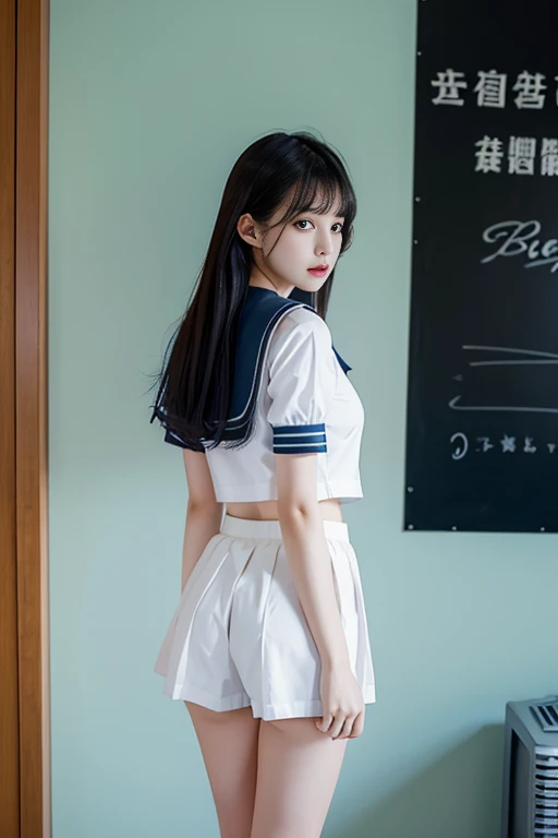 Best quality, high quality, masterpiece, high resolution, detailed, one girl, cute girl, white panties, looking back, from below, blue sailor skirt, sailor suit, over knee high socks, brown hair, long hair, show off nipple, large breasts, sexy, good pupil, 4k