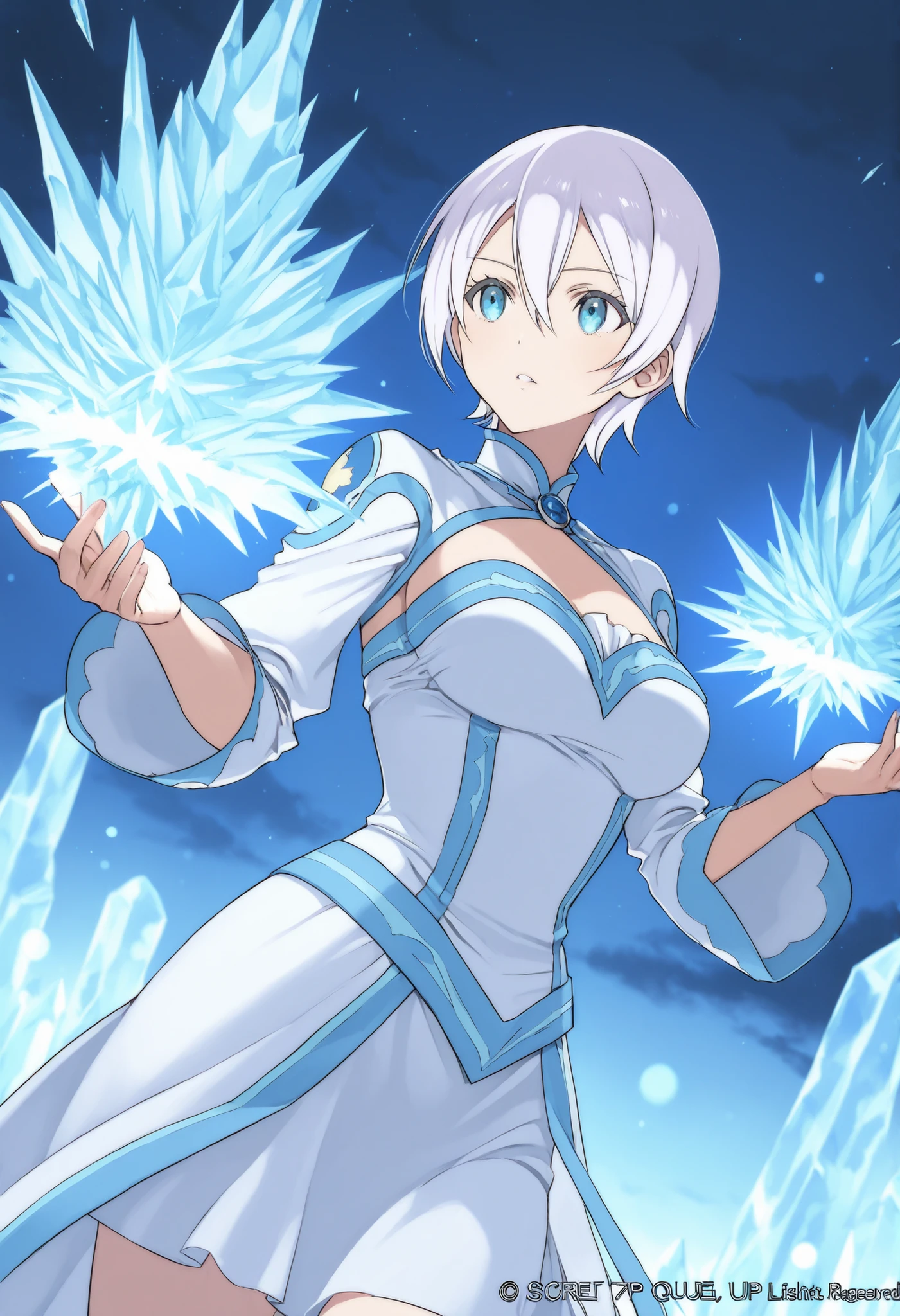 score_9 , score_8_up , score_7_up, solo, 1girl, lisanna strauss, short hair, blue eyes, hair between eyes, white hair, white dress with blue trim, fantasy style, fantasy mage, queen, ice mage, coboy shot, dutch angle, in a whitecastle, night