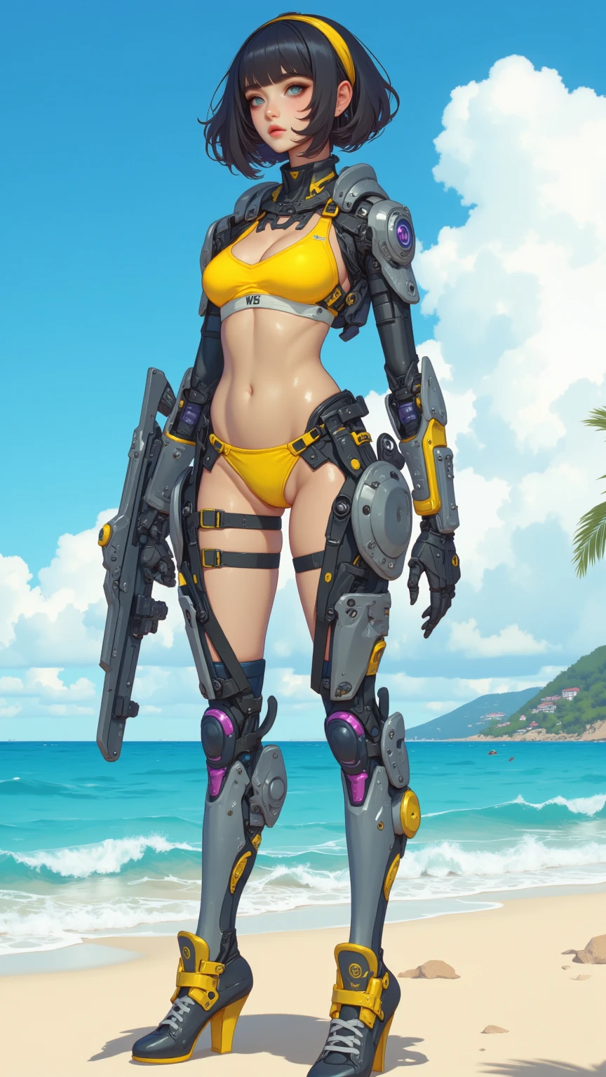 anime girl with a big ass in a golfen bikini, cutesexyrobutts, oppai cyberpunk, thicc, 2b, 2 b, oppai, anya from spy x family, biomechanical oppai, makoto, commission for high res, oc commission, tifa lockhart, oppai proportions, tifa, daisyduke shorts, fortnite cards background style ,multicolored blond hair with red vanes,