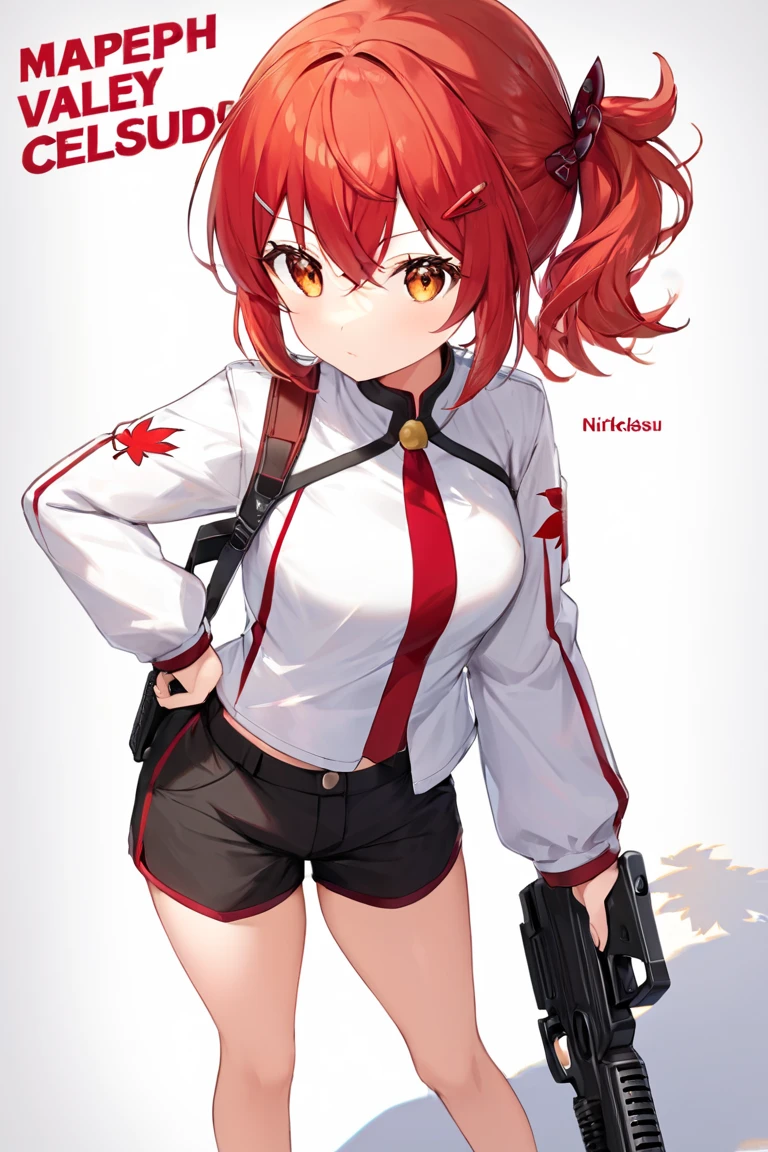1girl,red hair,medium hair, purple eyes, ahoge, <lora:utinoko akagami-000016:0.6>,dynamic pose, holding weapon, handgun, stomach, denim, short shorts, jumping, hoodie, jacket,
