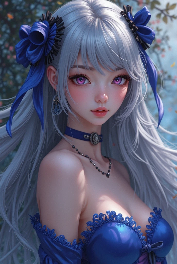 ultra detailed, ultra 8k,32k, beautiful and aesthetic,beautiful,masterpiece,best quality,1girl,animal ears,solo,breasts,jewelry,long hair,hair ornament,earrings,black hair,detached sleeves,looking at viewer,petals,sash,smile,brown eyes,multicolored hair,flower,hair flower,blue hair,cleavage,white dress,dress,bare shoulders,closed mouth,two-tone hair,necklace,hand up,fox ears,bangs,medium breasts,aged up,mature female,nice hands,perfect hands,(barefoot:0.5),pelvic curtain,