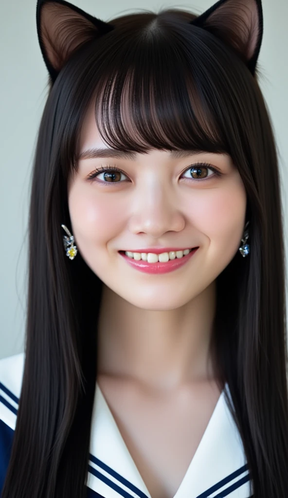 (best quality,masterpiece:1.2),1girl,solo,fair skin,8k,ultra high res,ultra detailed,best quality,(((((upper body))))),(((looking at viewer))),((perfect lighting)),(bright lighting),ultra high quality,ultra high res,(photorealistic),perfect anatomy,(bangs),(long hair),black hair,(((flat chest))),(((dodgerblue background:1.5))),((simple background)),17yo girl,((front face)),(face to face),(((narrow waist))),<lora:ioki_v01-000009:1>,ioki,((blunt bangs)),(denim jacket),smile,teeth,