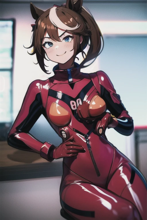 Kousaka honoka, blue eyes, tight , Blushing, huge breasts, (red bodysuit:1.2), solo, curvy body,