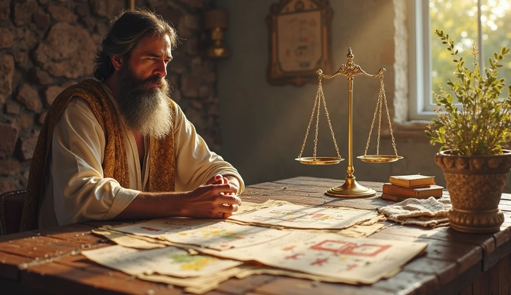 Create an image of Solomon in a biblical setting where he is sitting at a planning table, surrounded by old maps, parchments and measuring instruments. Show Solomon with an expression of wisdom and concentration, strategically planning the future. Beside him, an ancient scale is balancing two amounts of riches: one side represents &#39;diligence&#39; with a pile of coins and resources, and the other side represents &#39;precipitation&#39; with a declining pile. The background should show a contrast between a prosperous field and a barren field., symbolizing that careful planning leads to abundance, while lack of planning results in shortages.