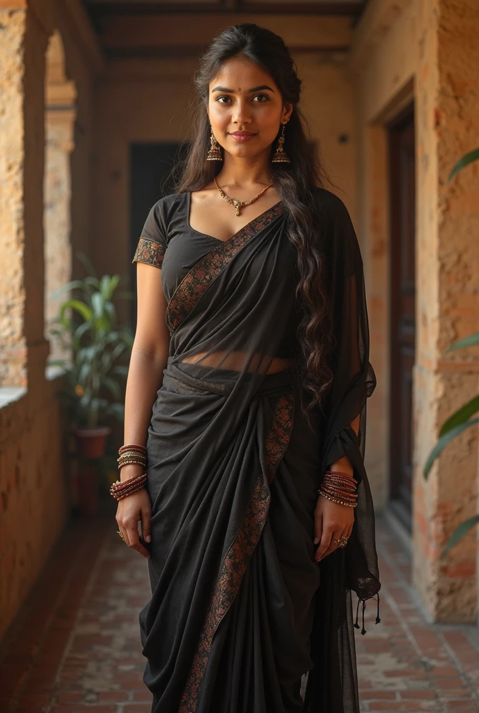 A Solo Beautiful Mature Hot Indian Bhabhi Women wearing Black  Sarees ,Black Lipstick . Huge and Big .( Standing )( Realistic ).( Outside Views ).