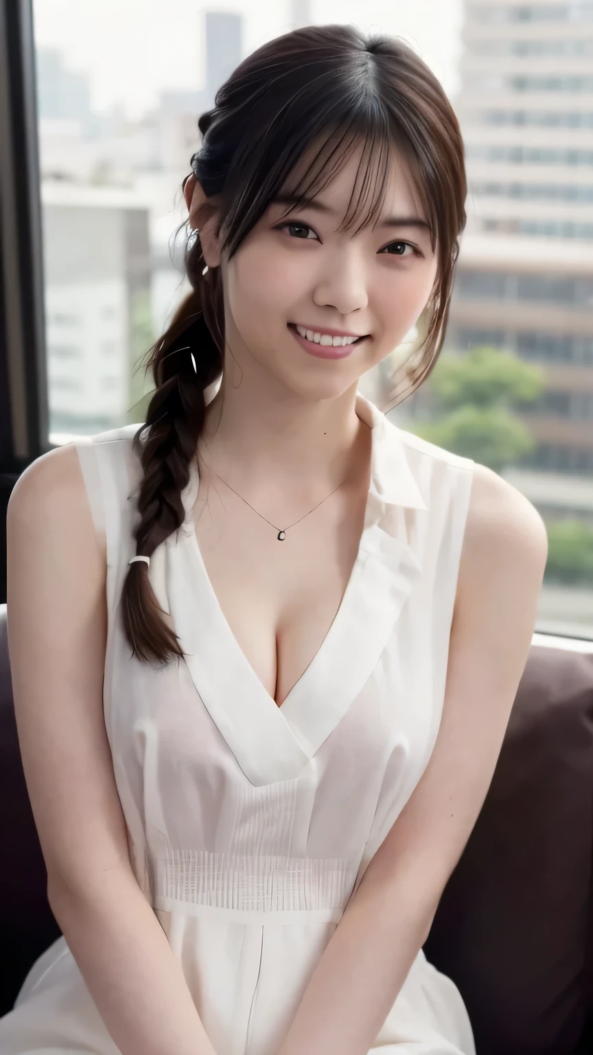 masterpiece, Highest quality, 8k,Ultra-high resolution、Head to knee photo、 20th Generation, Small breasts, cute, alone, smile、cute, Girlish, cute、Delicate girl, Pure beauty, RAW Photos, Professional photography, Soft Light, Professional Lighting, Backlight, avert your eyes, Sophisticated, Film Grain, (Eye and facial details:1.0), Floating Hair、Short Bob、,Asymmetrical bangs, Round face、Young Face、((Leaning forward))、(Large Breasts:1.4)、Her cleavage is visible、Nipples are visible:1.8,、((lightweight white blouse、The button is off))、Voluptuous thighs:1.6、Translucent white skin、dolly make、(Heterochromia iridis、The left and right eyes are different colors)、whole body