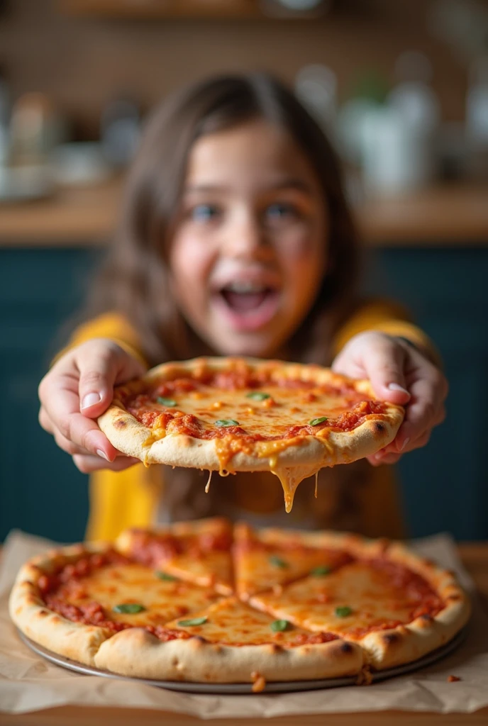 girl CHILD 10 years old, Russian blonde in braids, There are four pieces of PIZZA on a plate with a bowl of broccoli, PIZZA Schedule, Mini PIZZA , Como, Estilo Calude Monet, receita, #Micro, # Micro, misturar, alternate angle, Miami, medium tone, Hunting