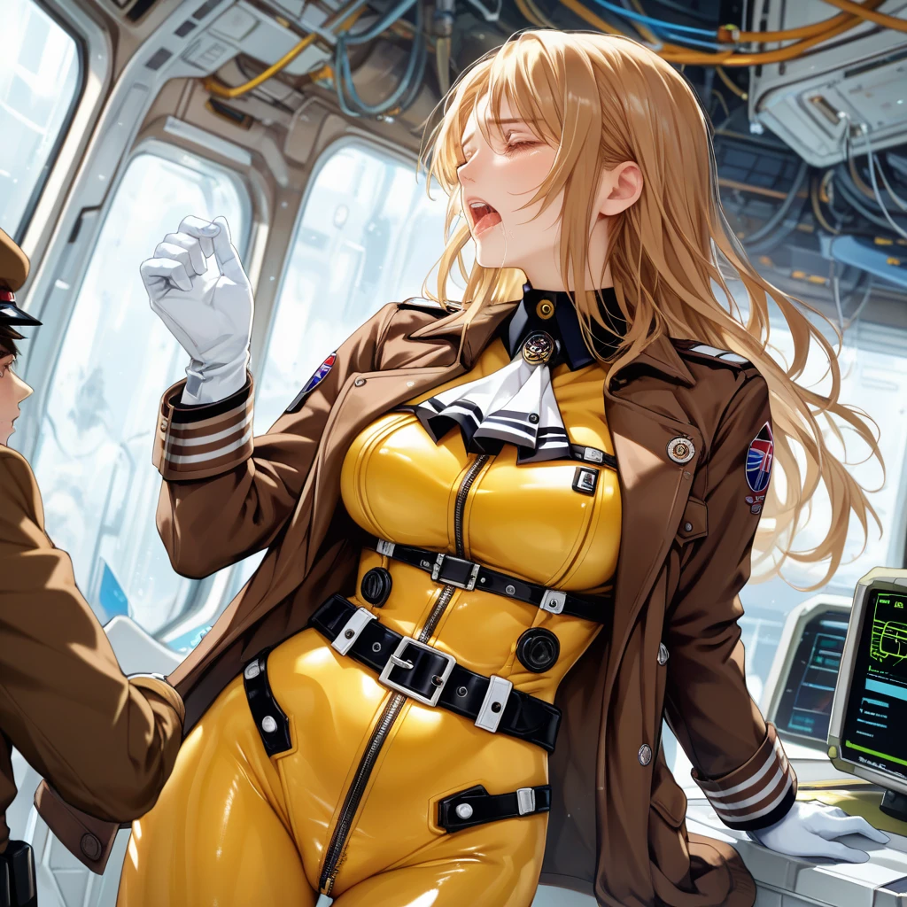 ((gothic vampire piloting in gothic spacecraft)), (((retro anime))), (from below), ((120 fov)), ((((gothic)) control panels)), ((mature)), (((gothic))), iridescent bodysuit, ((lace accessories)), ((pilot seat)), ((((lying back)) pose)), ((elegant)), (((serious tone))), ((cockpit top control panel)), intricate control panel details, (close-up), 1990s (style), masterpiece, [blushing], [sweat], ((claustrophobic)), sparkles, best quality, screens, ((pilot helmet)), (((hands on controls))), night, cockpit lights